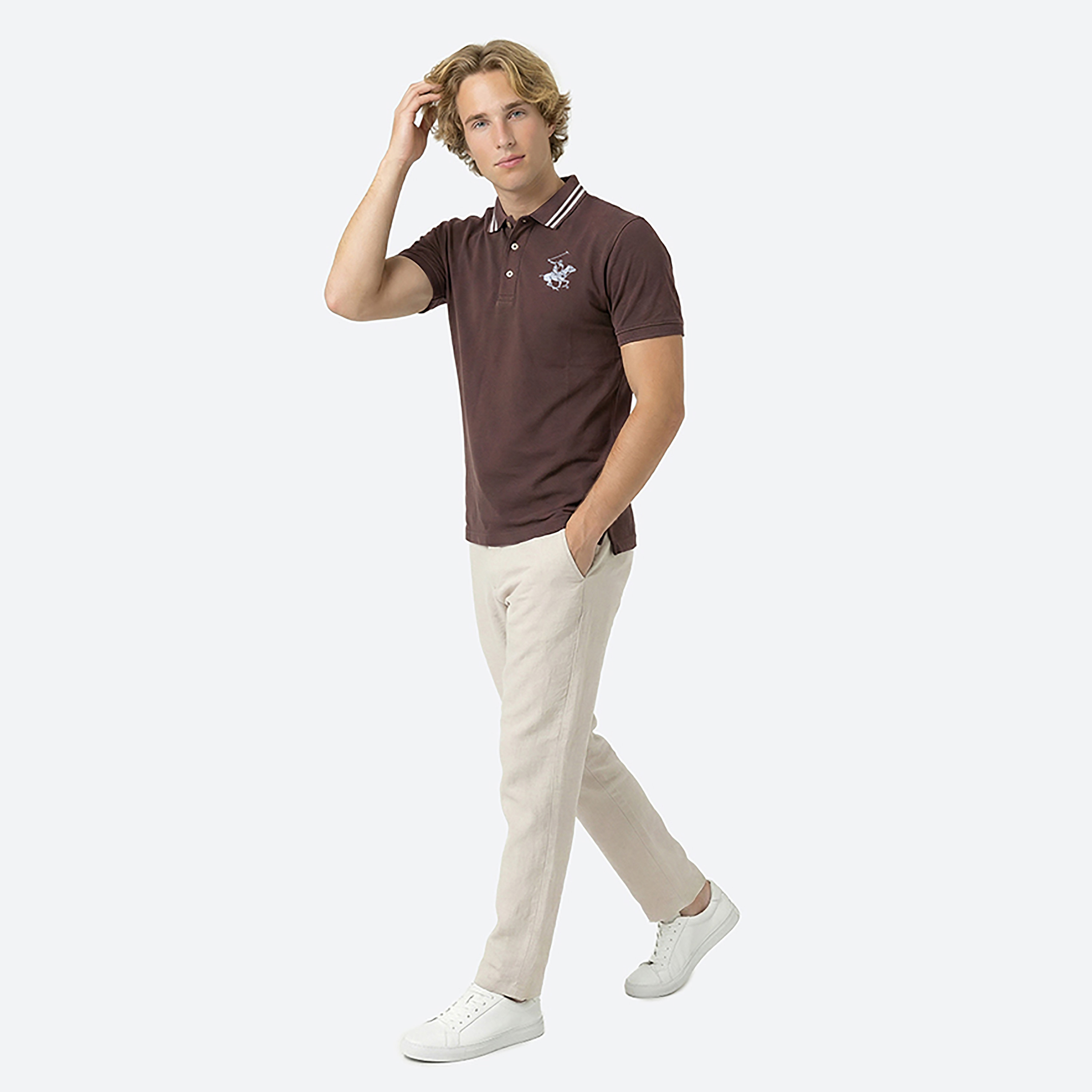 تيشيرت بولو رجالي سادة بأكمام قصيرة وياقة متباينة اللون من بيفرلي هيلز بولو كلوب-men-clothing-tshirtsandpolos-polos-image-3