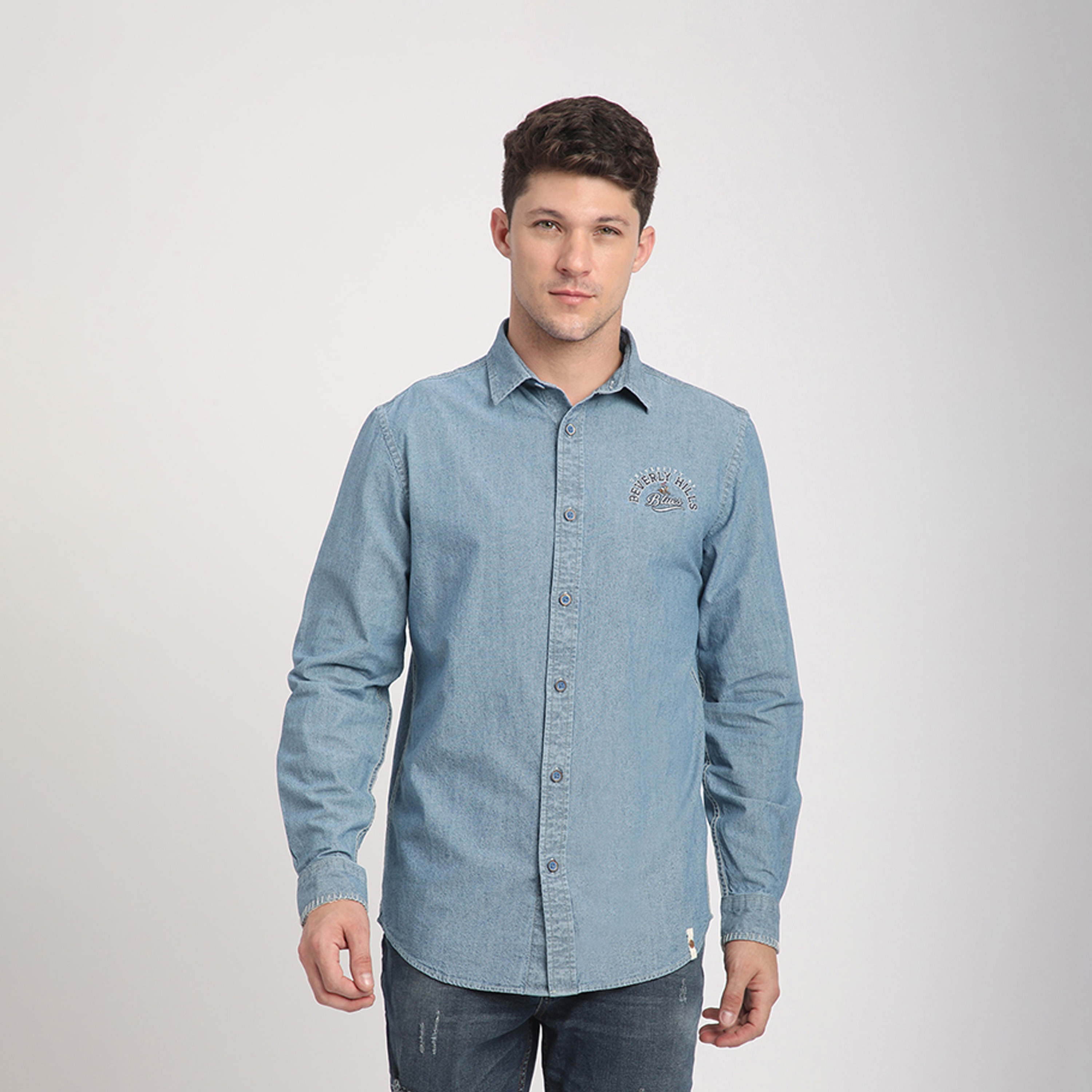 Beverly Hills Polo Club Regular Fit Embroidered Collared Long Sleeves Denim Shirt-men-clothing-shirts-image-1