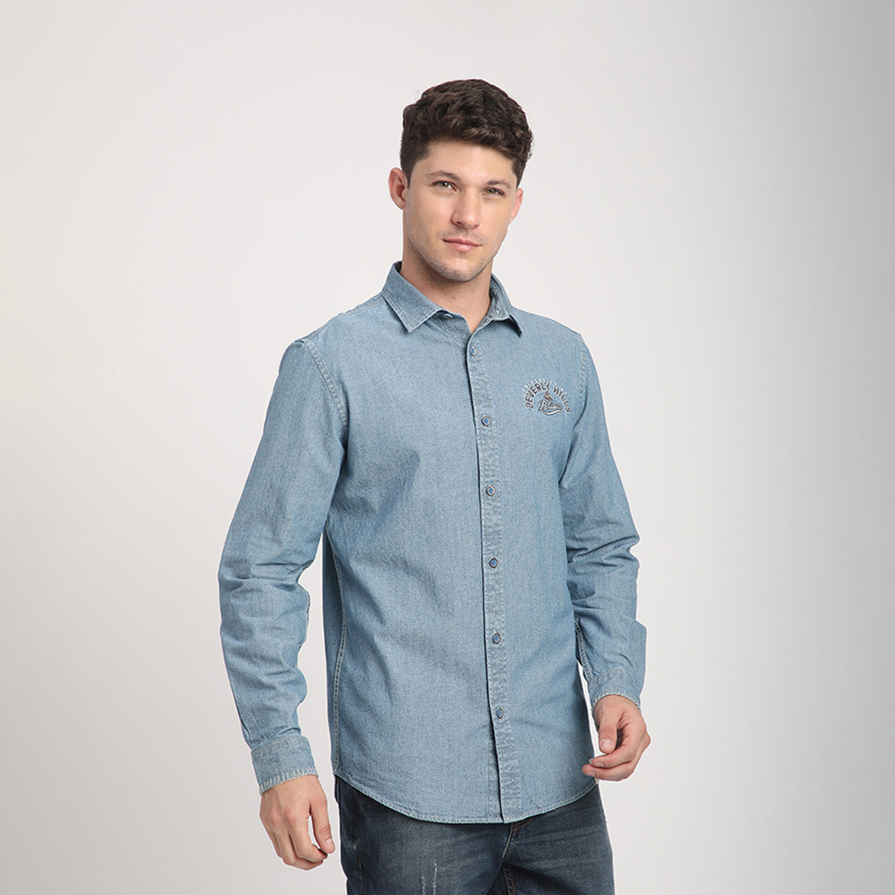 Beverly Hills Polo Club Regular Fit Embroidered Collared Long Sleeves Denim Shirt-men-clothing-shirts-image-3