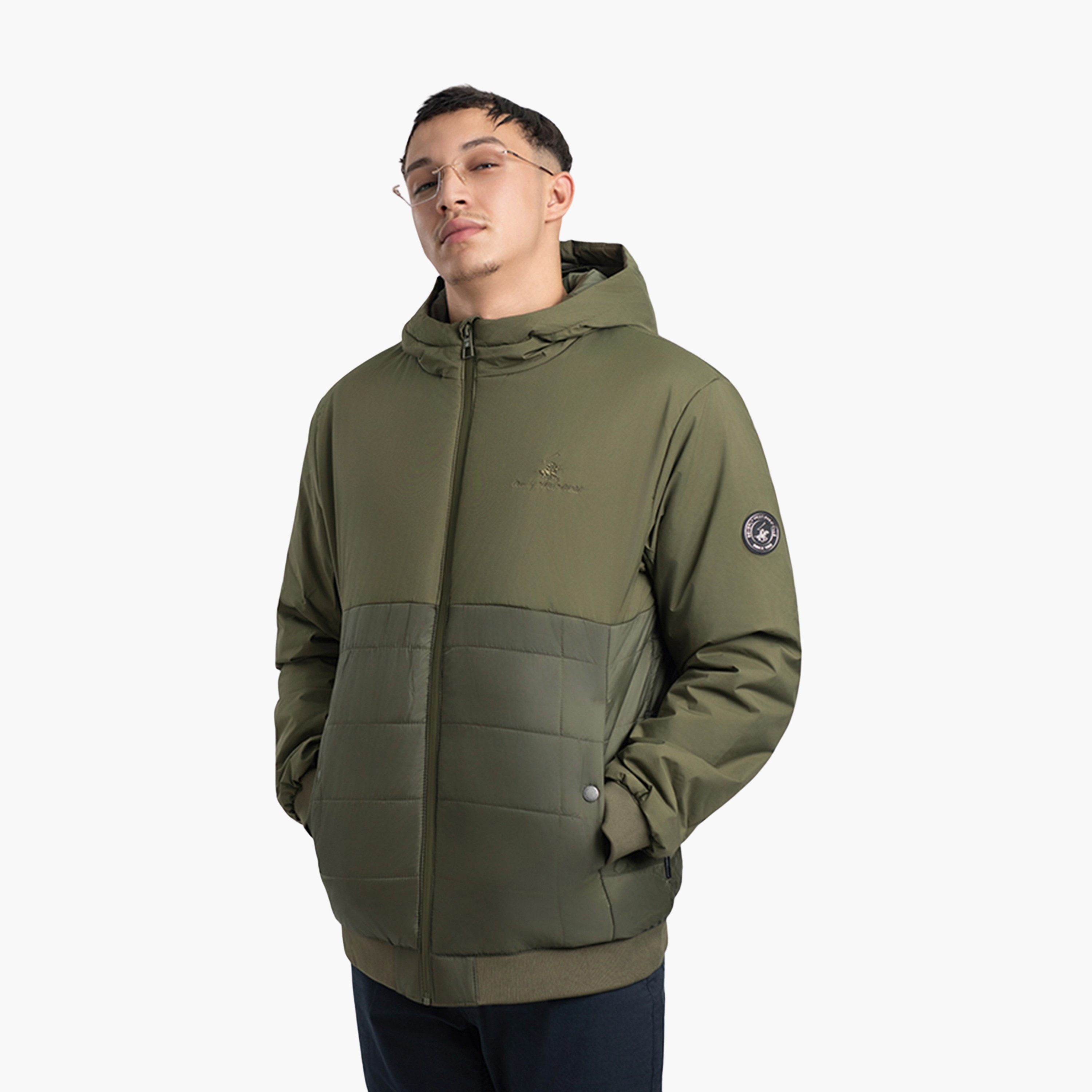 بيفرلي هيلز بولو كلوب- سترة منفوخة بياقة وغطاء رأس وأكمام طويلة سادة-men-clothing-jacketsandblazers-jackets-image-1