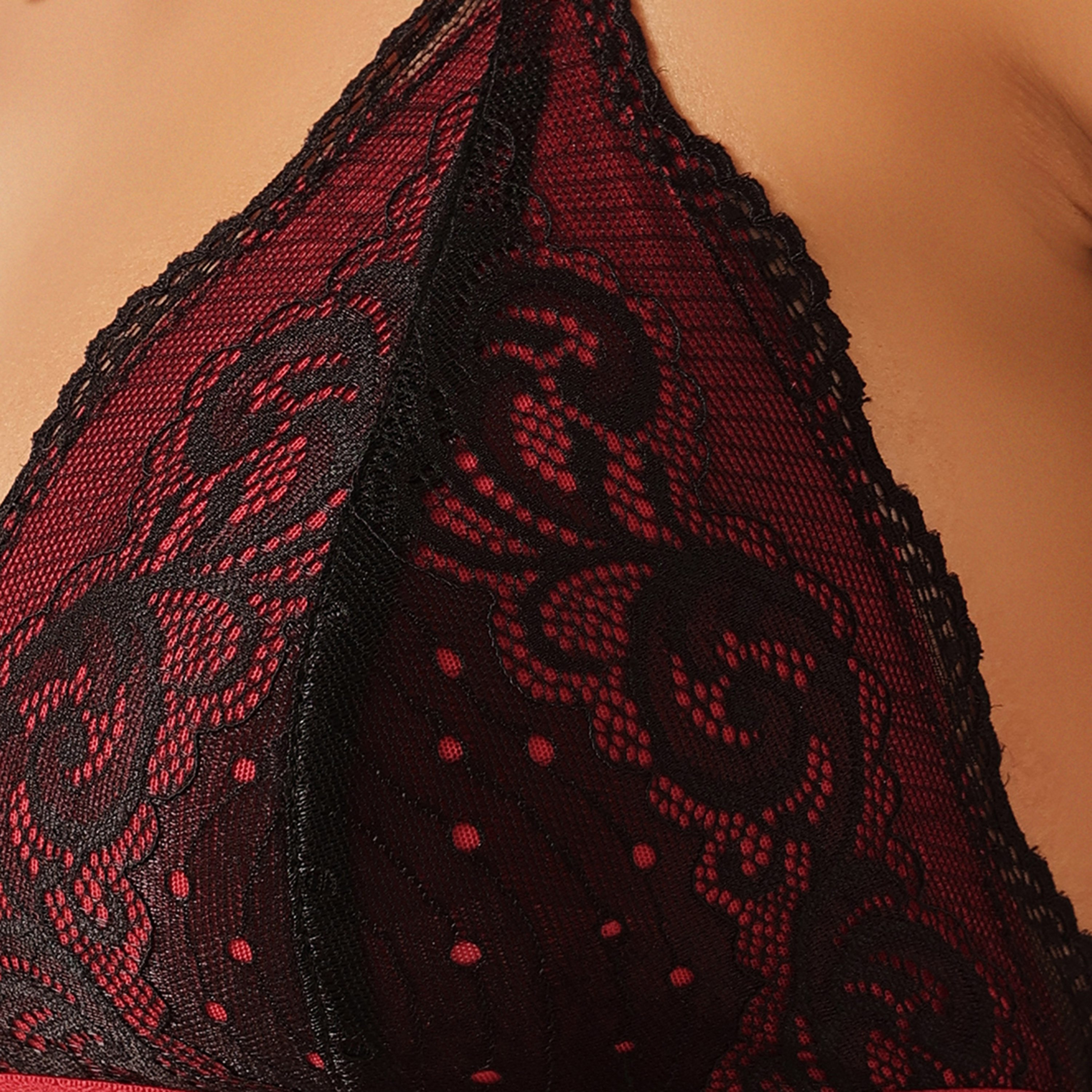 Clovia Non-Padded Non-Wired Demi Cup Plunge Women's Bra & Low Waist Bikini Panty in Red - Lace-women-clothing-lingerie-lingeriesets-image-7