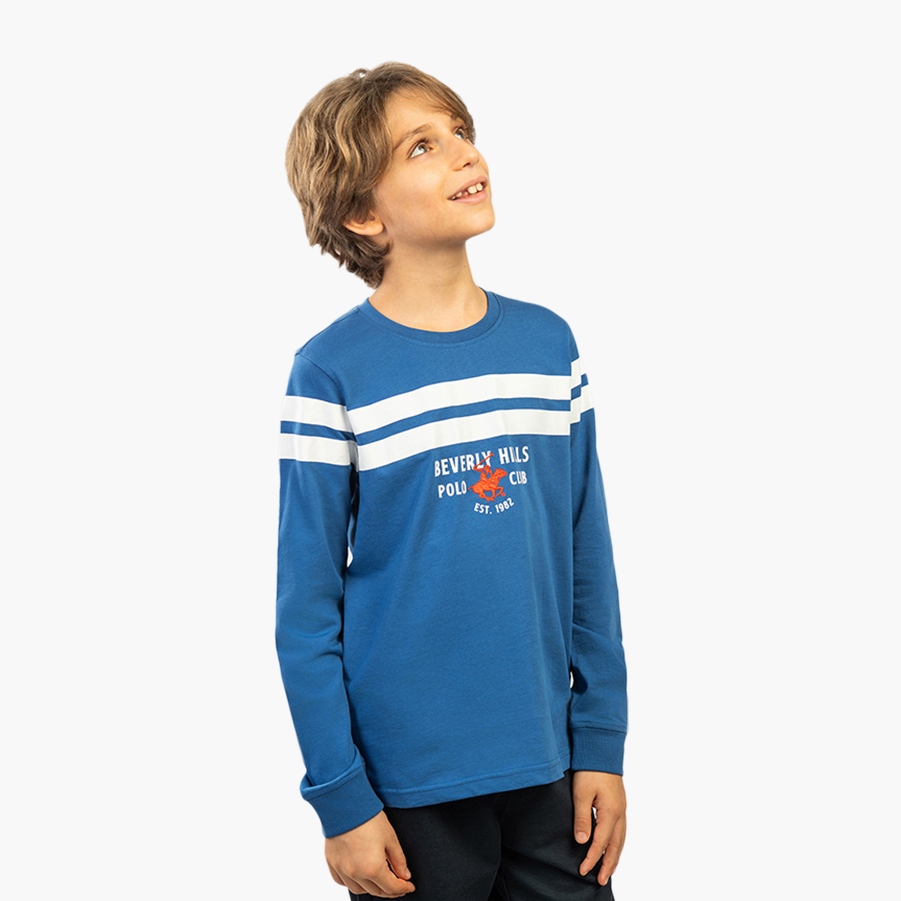 تي شيرت قطني بأكمام طويلة وخطوط وشعار مطبوع من بيفرلي هيلز بولو كلوب-boys-clothing-tshirtsandpolos-image-1