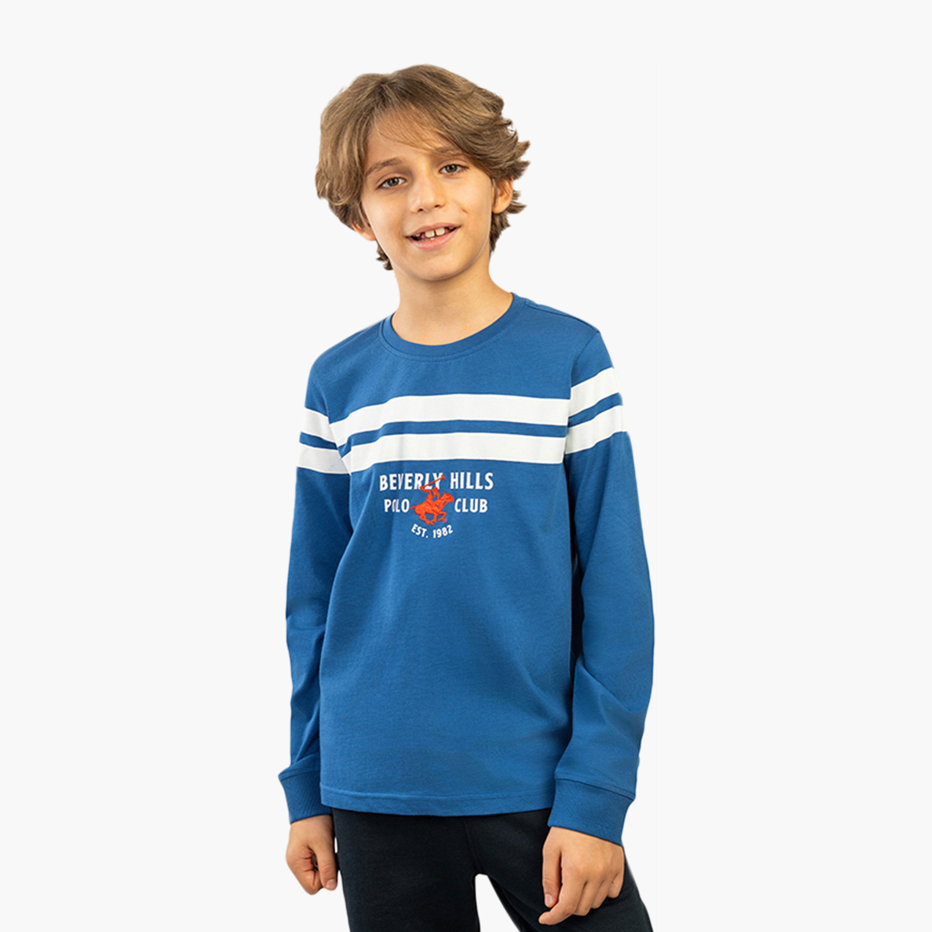 تي شيرت قطني بأكمام طويلة وخطوط وشعار مطبوع من بيفرلي هيلز بولو كلوب-boys-clothing-tshirtsandpolos-image-4