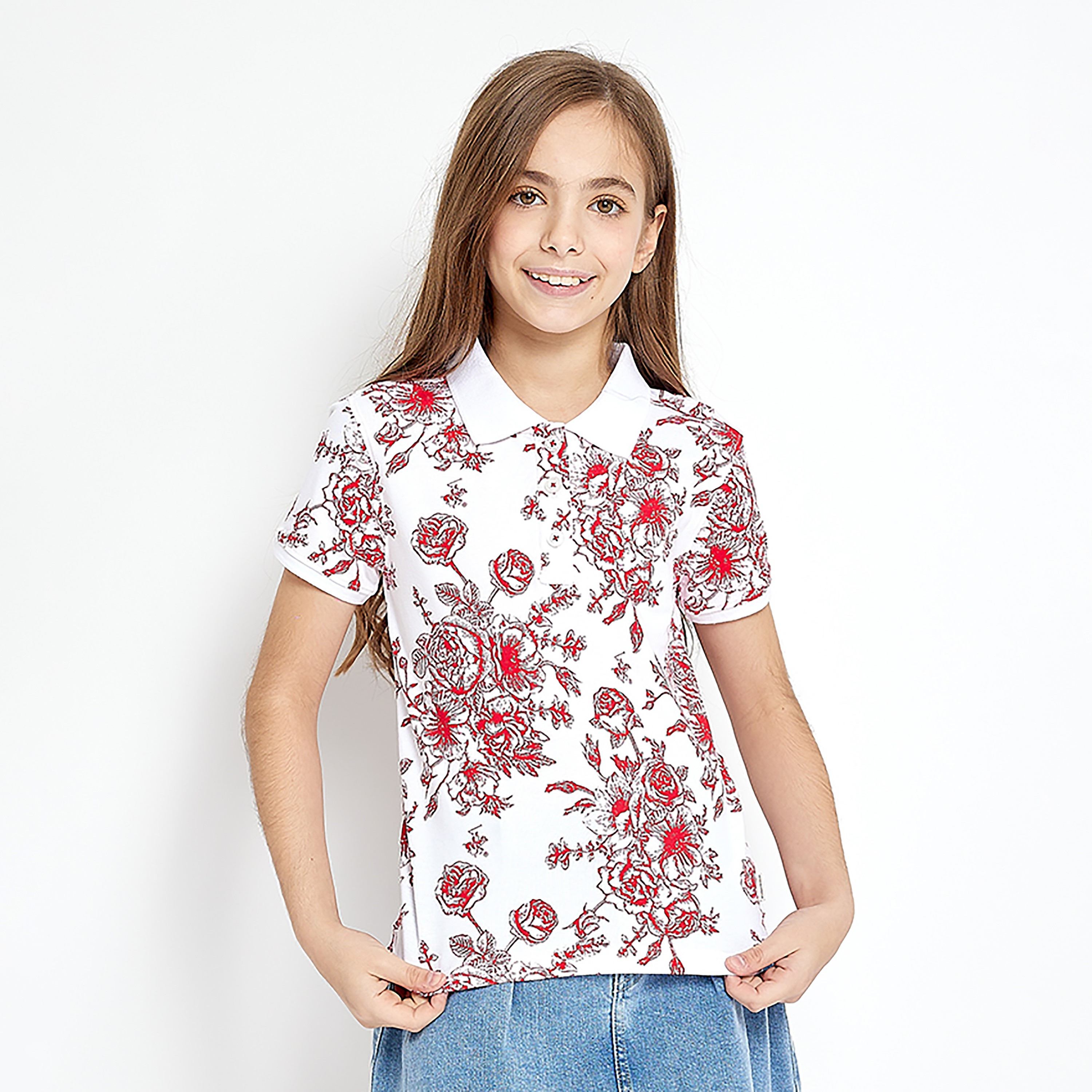 تيشيرت بولو بأكمام قصيرة وطبعة زهور من بيفرلي هيلز بولو كلوب-girls-clothing-tshirts-image-1