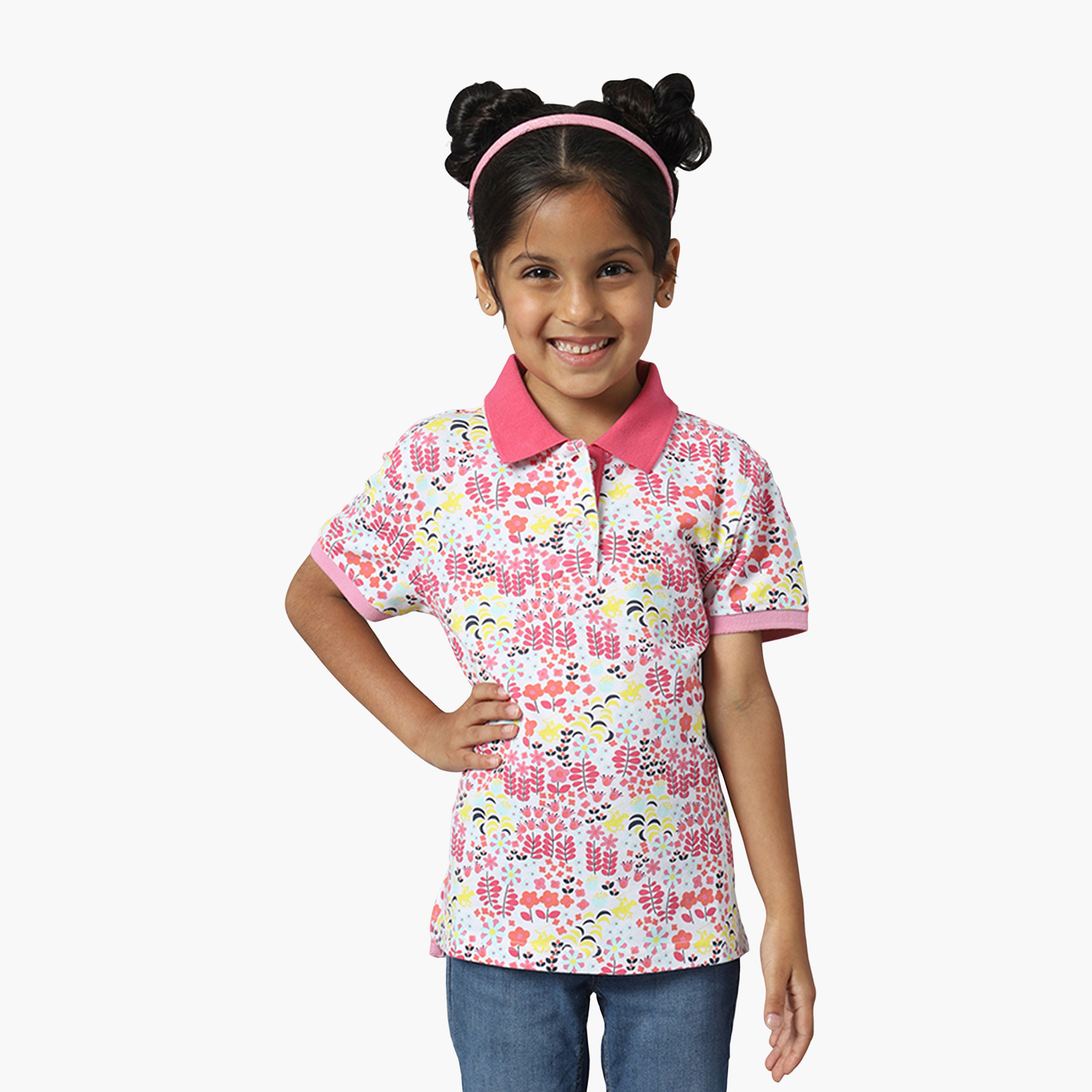 Beverly Hills Polo Club Cotton Floral Printed Polo Neck T-Shirt-girls-clothing-tshirts-image-1