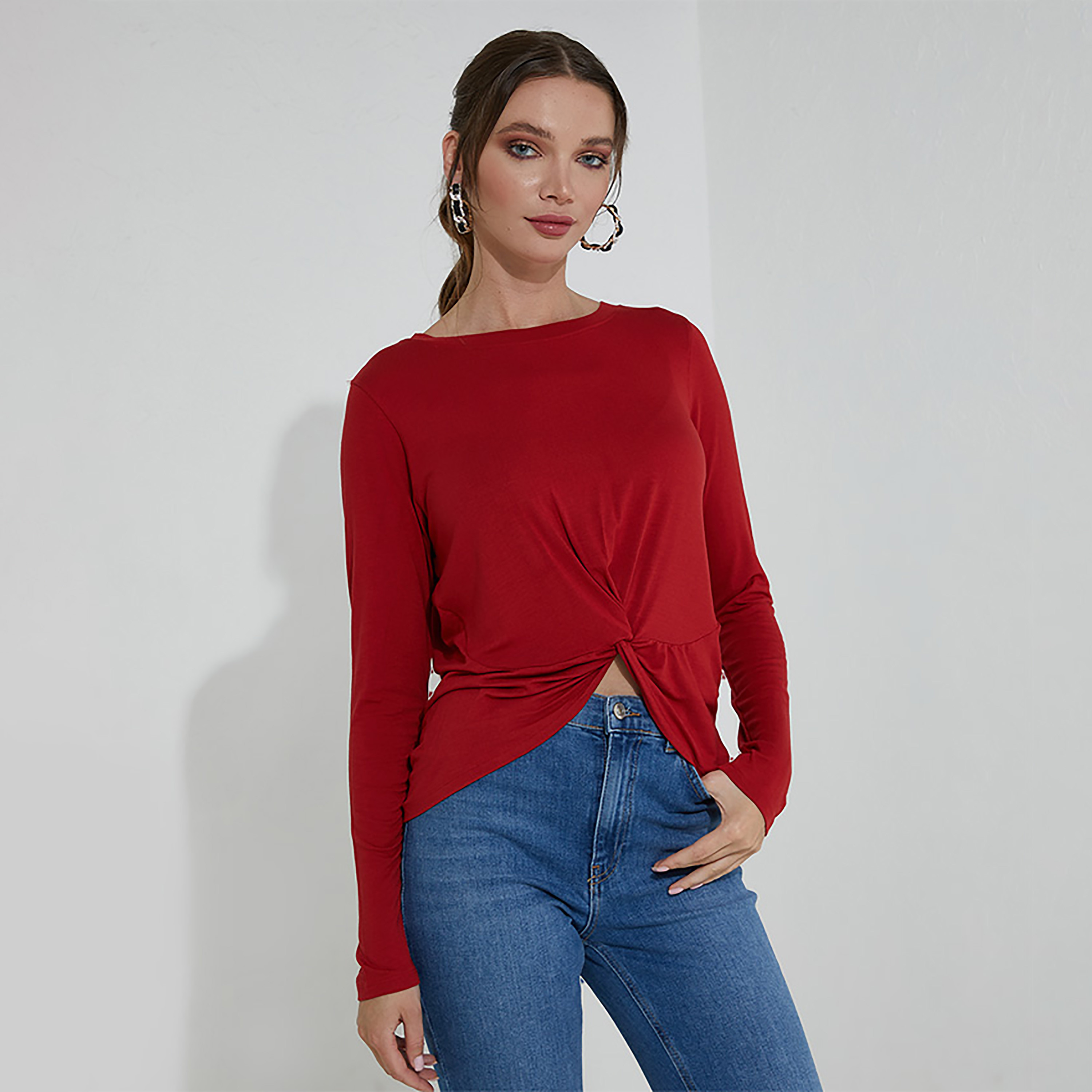  بلوزة بيفرلي هيلز بولو كلوب سادة بياقة دائرية وأكمام طويلة مع عقدة منقوشة-women-clothing-shirtsandblouses-blouses-image-5