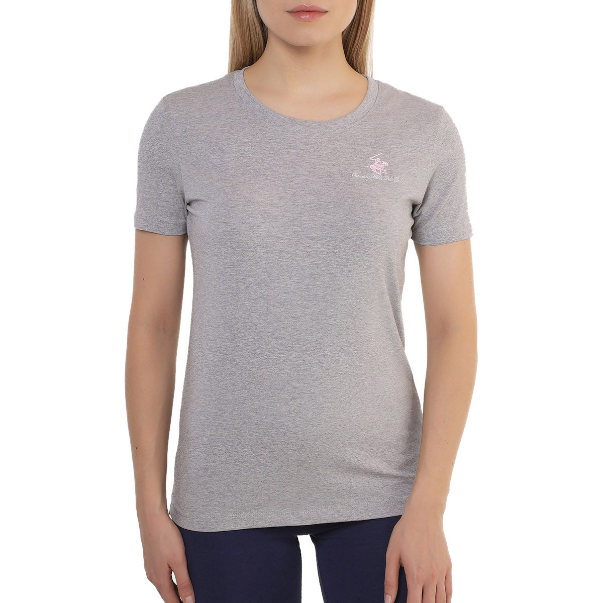 تي شيرت بيفرلي هيلز بولو كلوب سادة مع لون رمادي بياقة مستديرة وأكمام قصيرة للنساء-women-clothing-tshirts-image-1