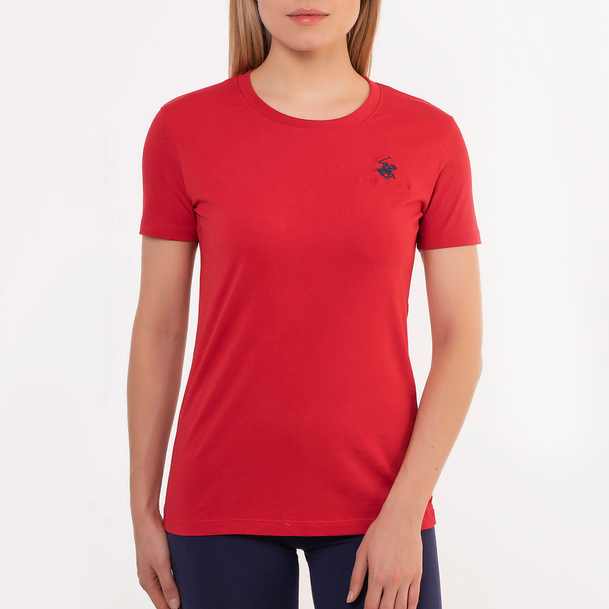 تي شيرت بيفرلي هيلز بولو كلوب سادة مع لون أحمر بياقة مستديرة وأكمام قصيرة للنساء-women-clothing-tshirts-image-1