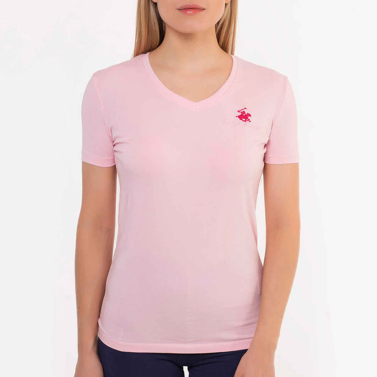 تي شيرت بيفرلي هيلز بولو كلوب سادة مع لون وردي بياقة على شكل وى وأكمام قصيرة للنساء-women-clothing-tshirts-image-1