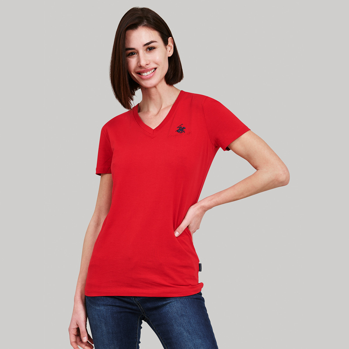 Beverly Hills Polo Club Women Red Solid V-Neck Short Sleeves T-Shirt-women-clothing-tshirts-image-1