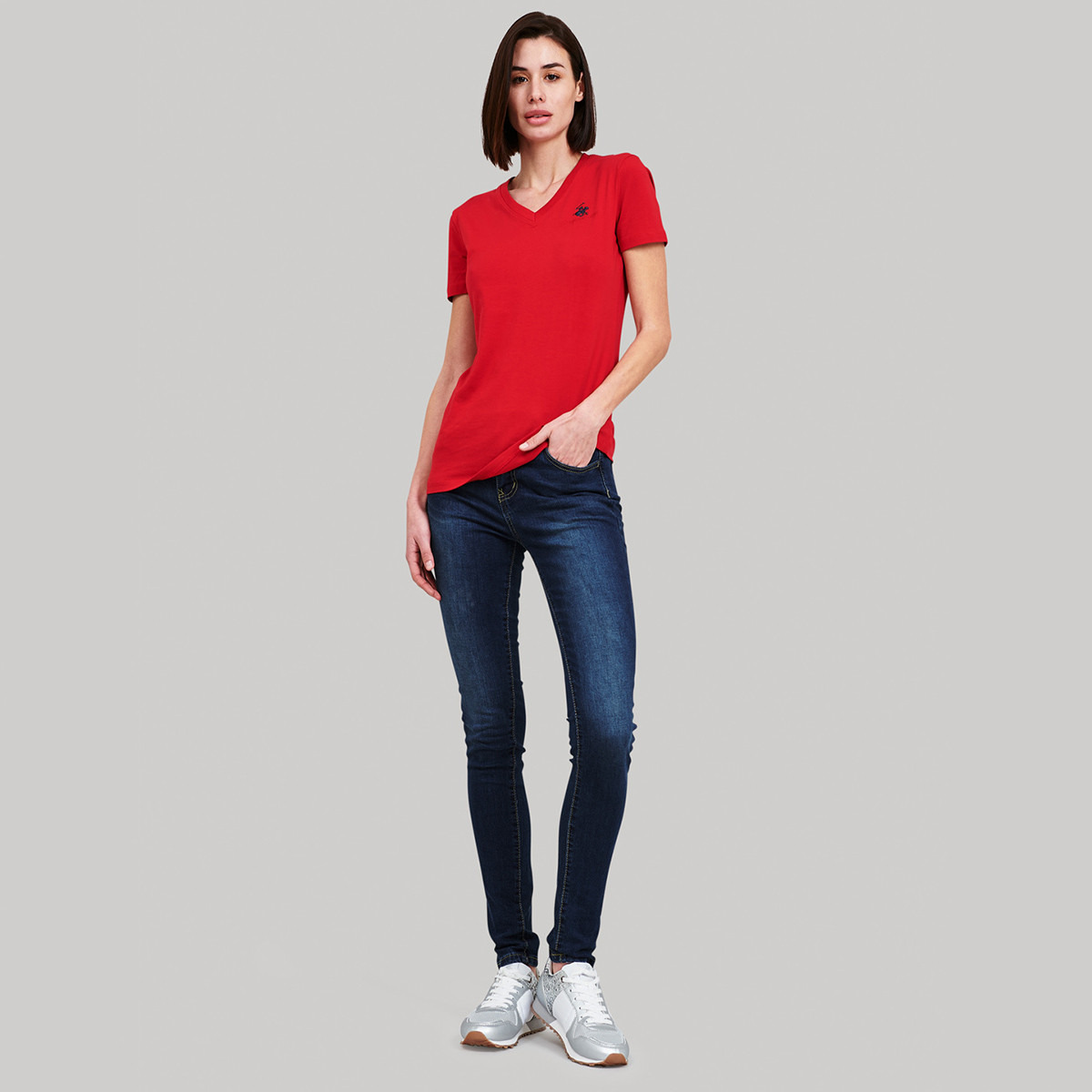 Beverly Hills Polo Club Women Red Solid V-Neck Short Sleeves T-Shirt-women-clothing-tshirts-image-3