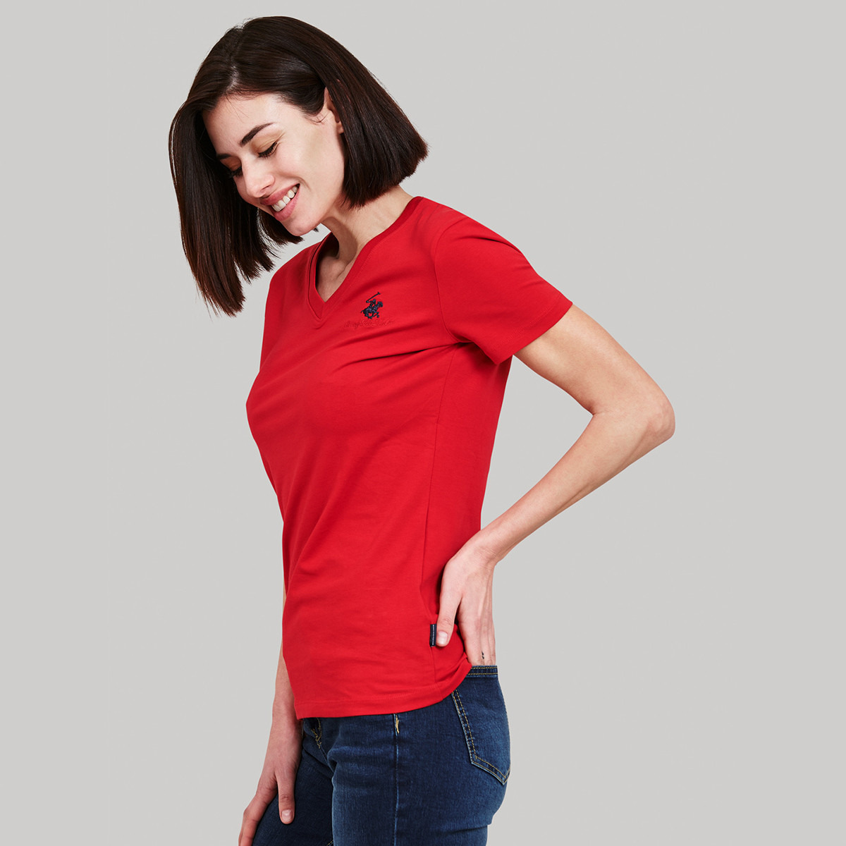 Beverly Hills Polo Club Women Red Solid V-Neck Short Sleeves T-Shirt-women-clothing-tshirts-image-4