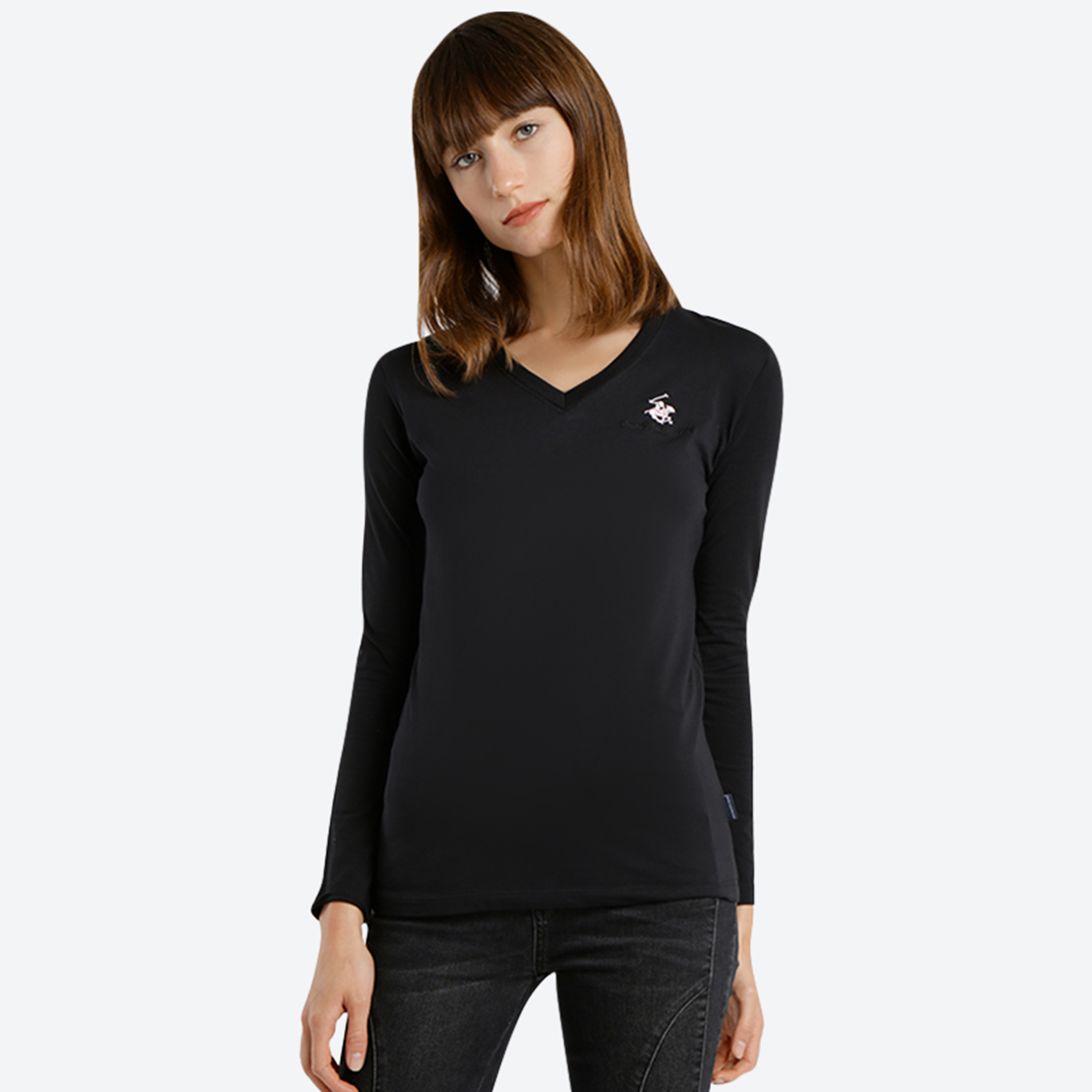 تي شيرت بيفرلي هيلز بولو كلوب بياقة على شكل وي وأكمام طويلة مع شعار-women-clothing-tshirts-image-1