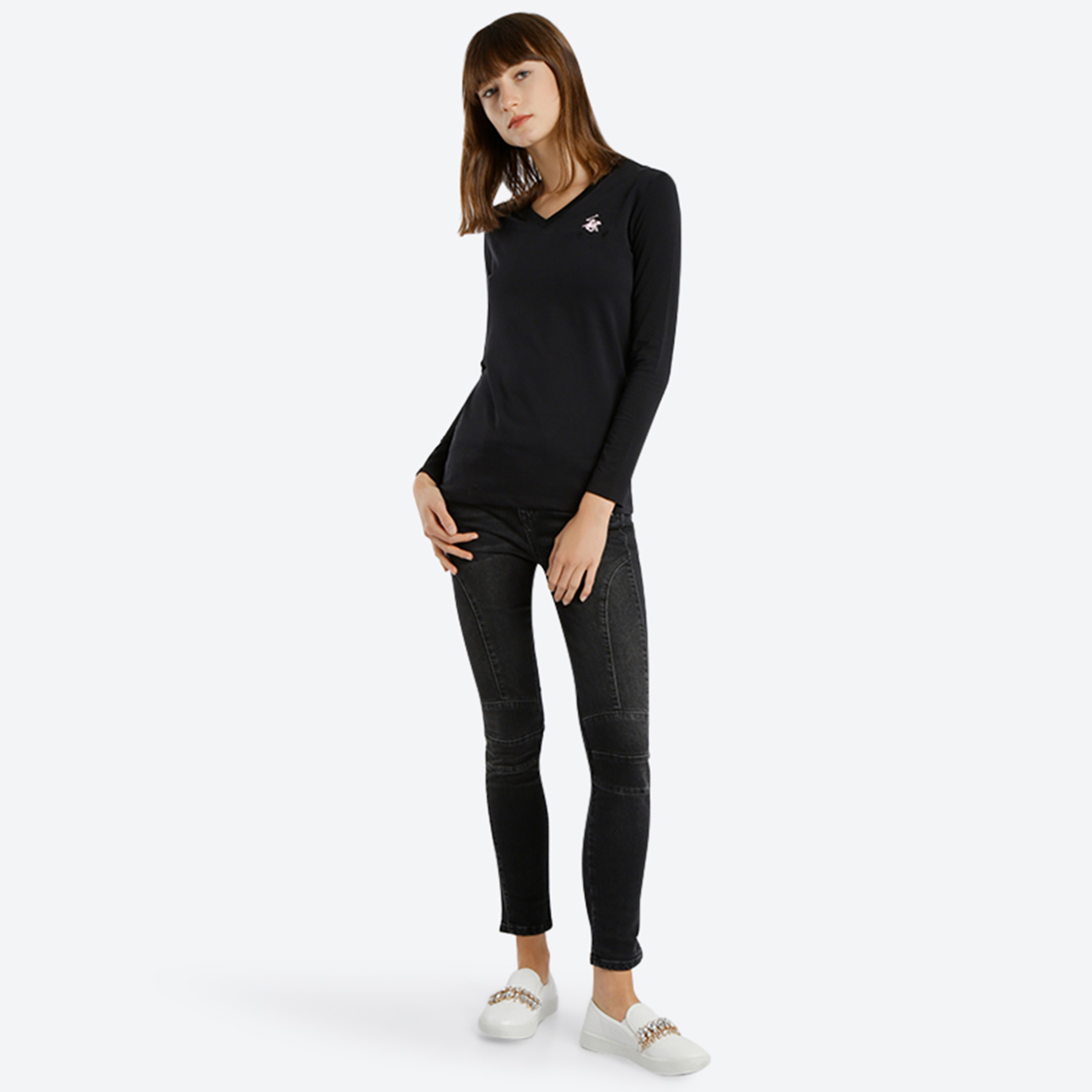 Beverly Hills Polo Club Logo V-Neck Long Sleeves T-Shirt-women-clothing-tshirts-image-2