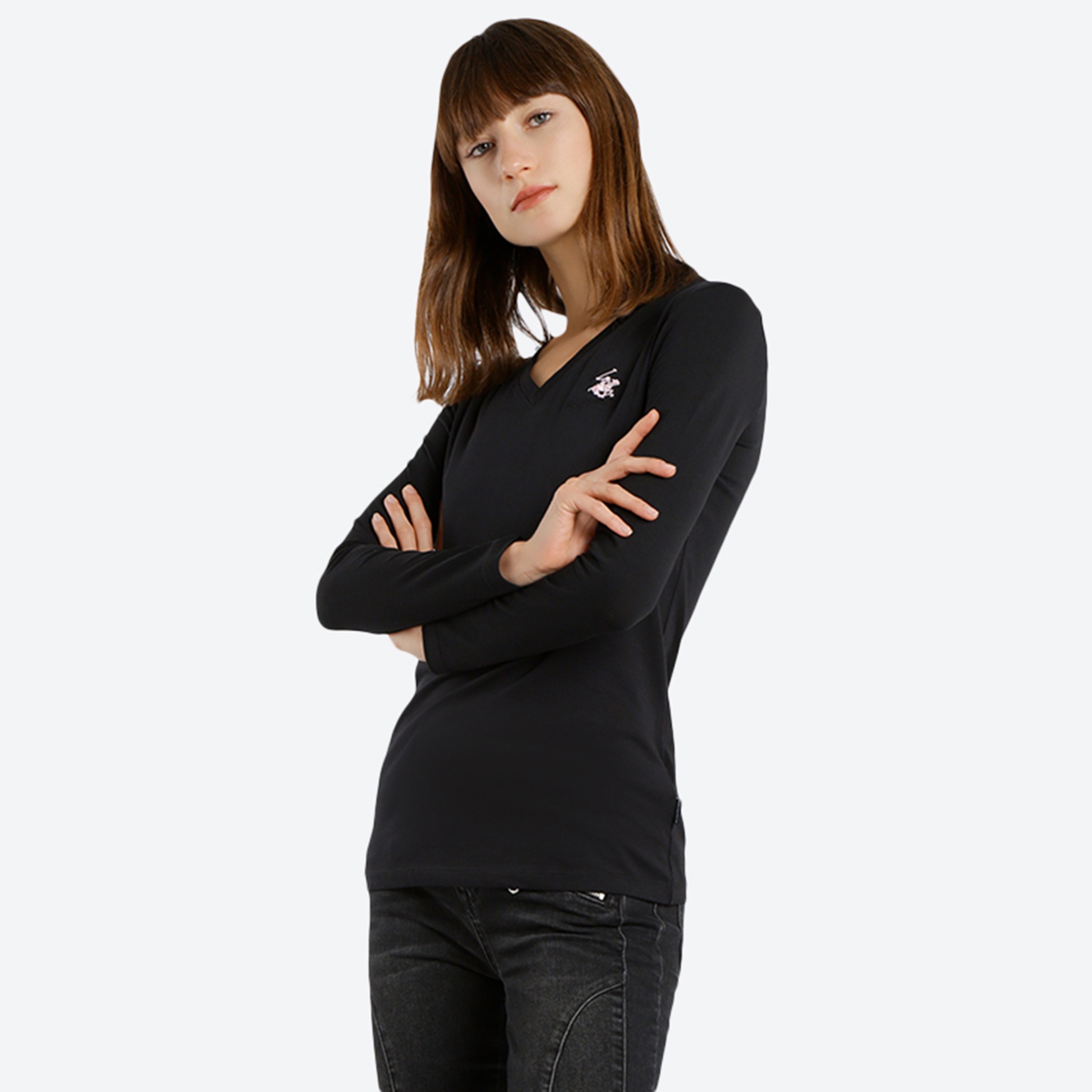 Beverly Hills Polo Club Logo V-Neck Long Sleeves T-Shirt-women-clothing-tshirts-image-3