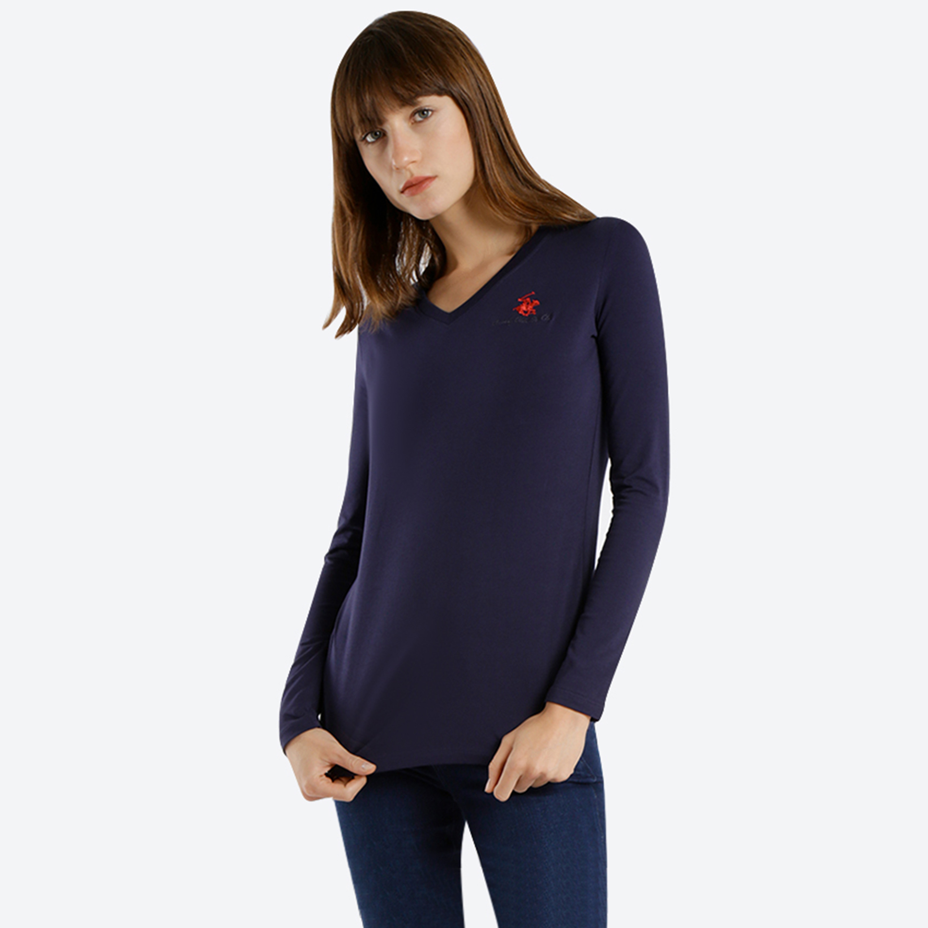 Beverly Hills Polo Club Women's Logo V-Neck Long Sleeve T-Shirt-women-clothing-tshirts-image-1