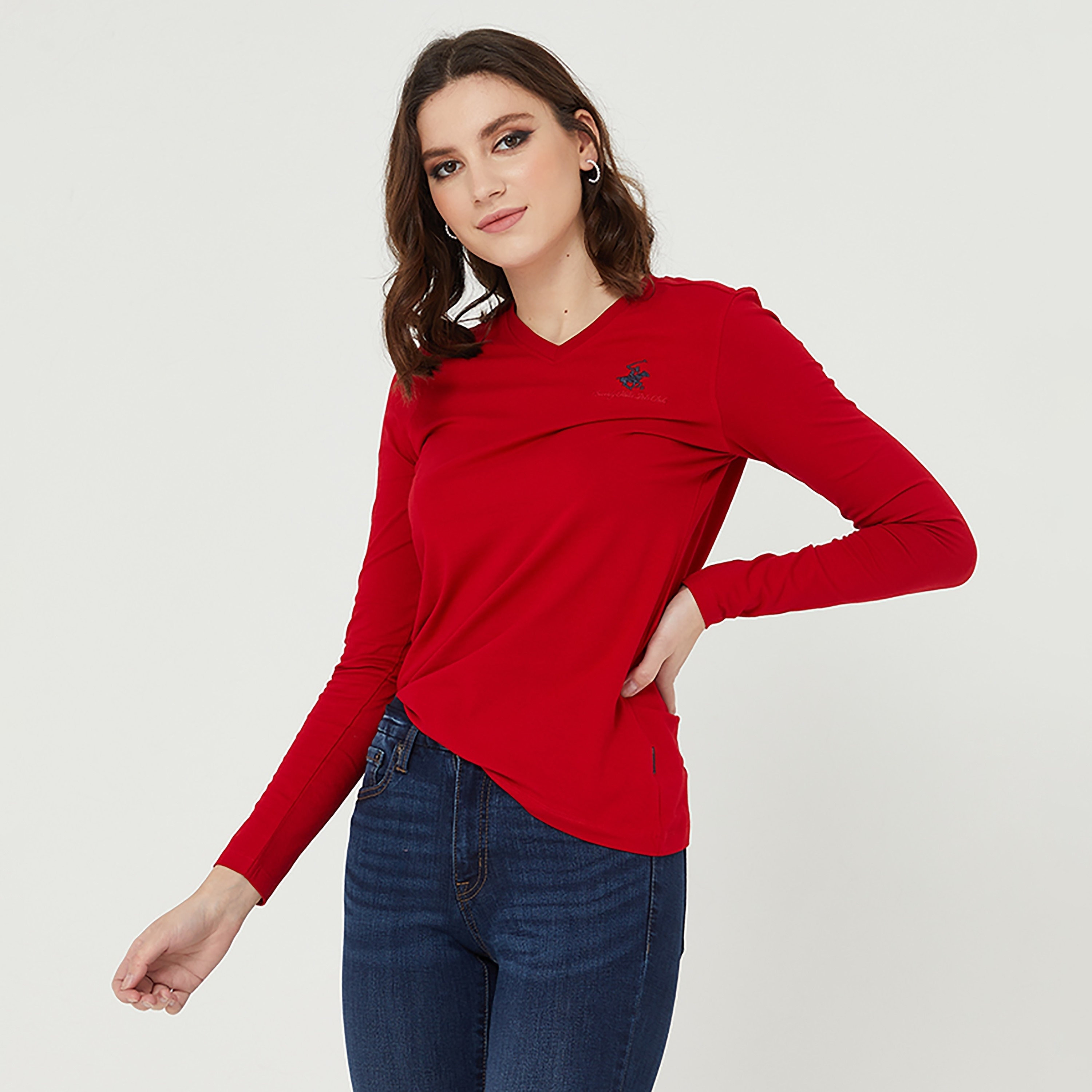 Beverly Hills Polo Club Plain V-Neck Long Sleeves Women's T-Shirt-women-clothing-tshirts-image-1