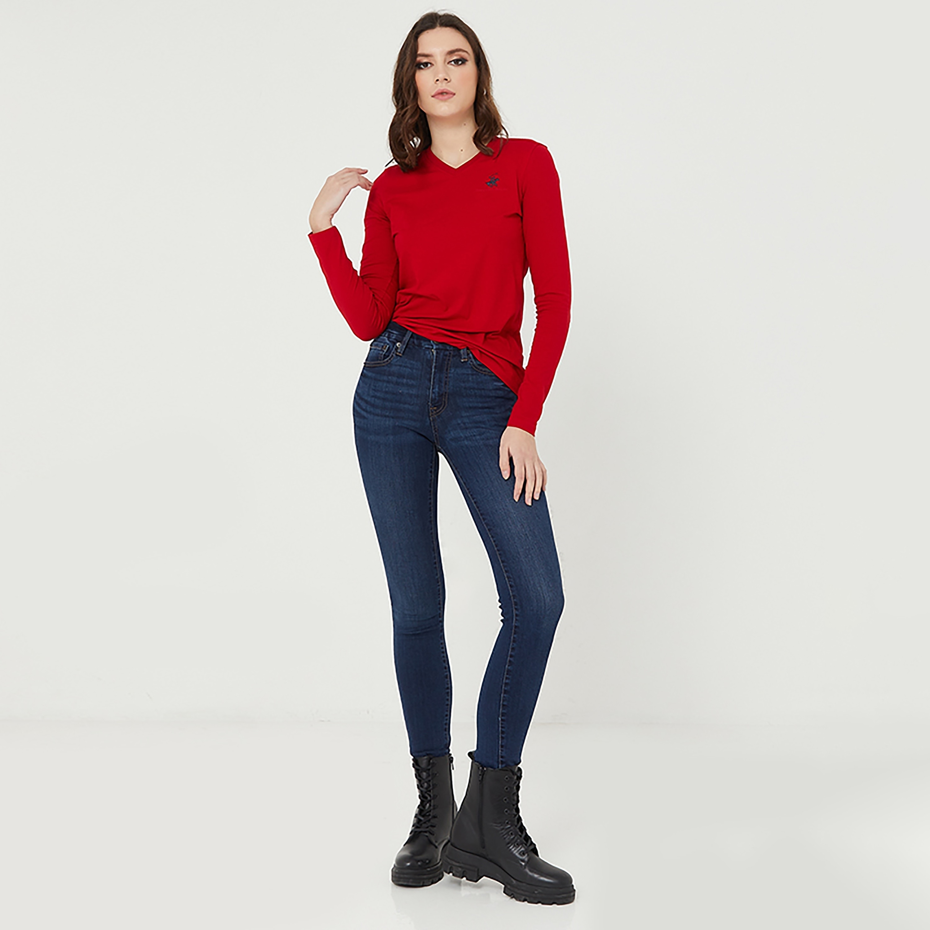 Beverly Hills Polo Club Plain V-Neck Long Sleeves Women's T-Shirt-women-clothing-tshirts-image-2