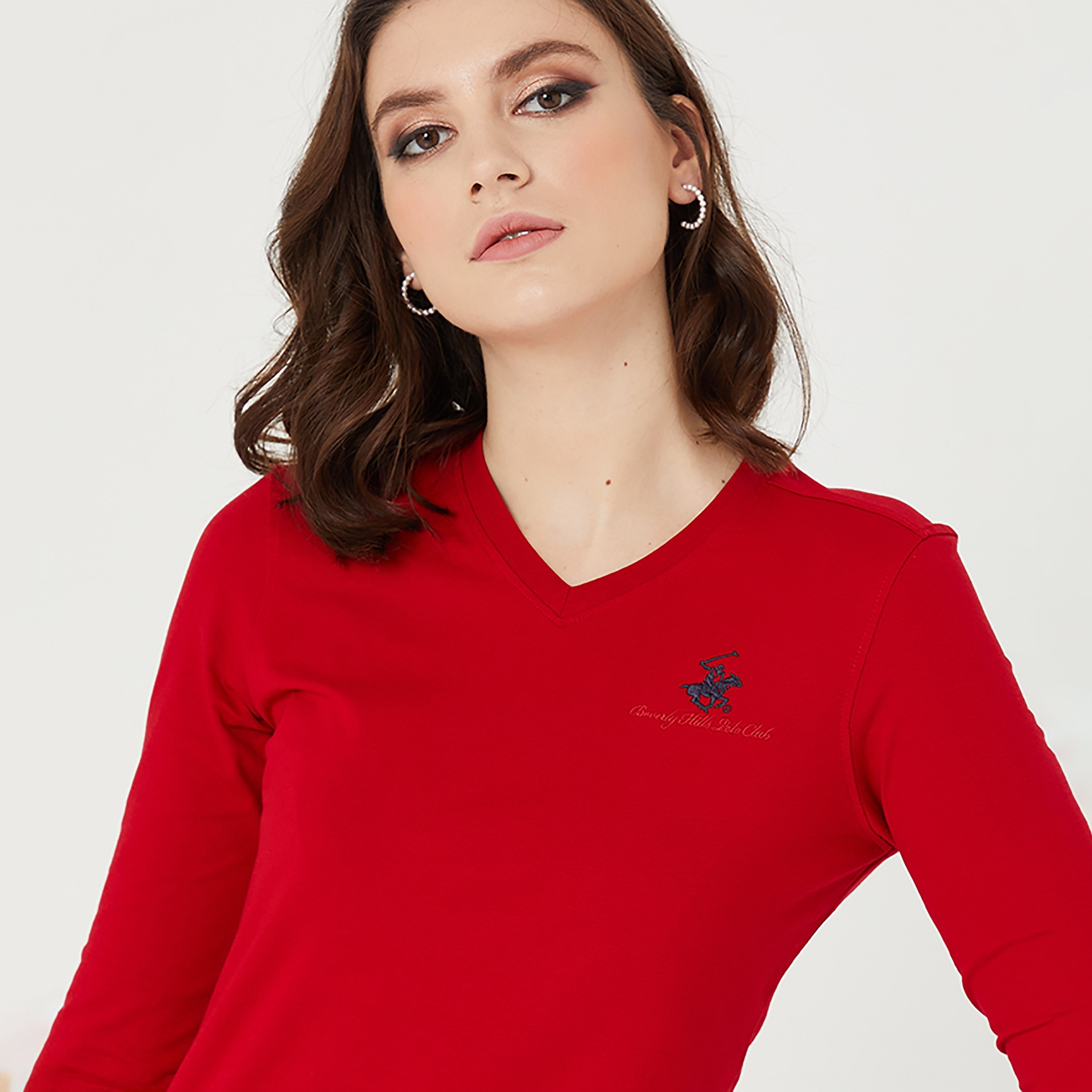 Beverly Hills Polo Club Plain V-Neck Long Sleeves Women's T-Shirt-women-clothing-tshirts-image-3