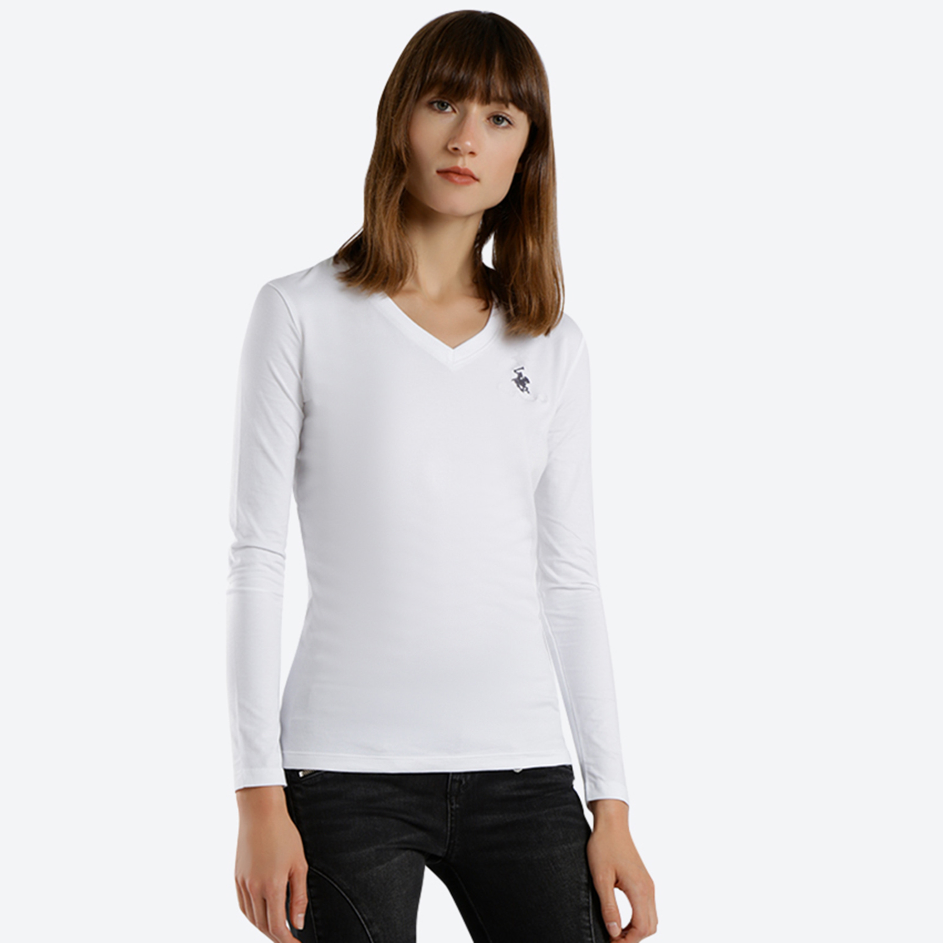 تي شيرت بيفرلي هيلز بولو كلوب بياقة على شكل وي وأكمام طويلة مع شعار-women-clothing-tshirts-image-5
