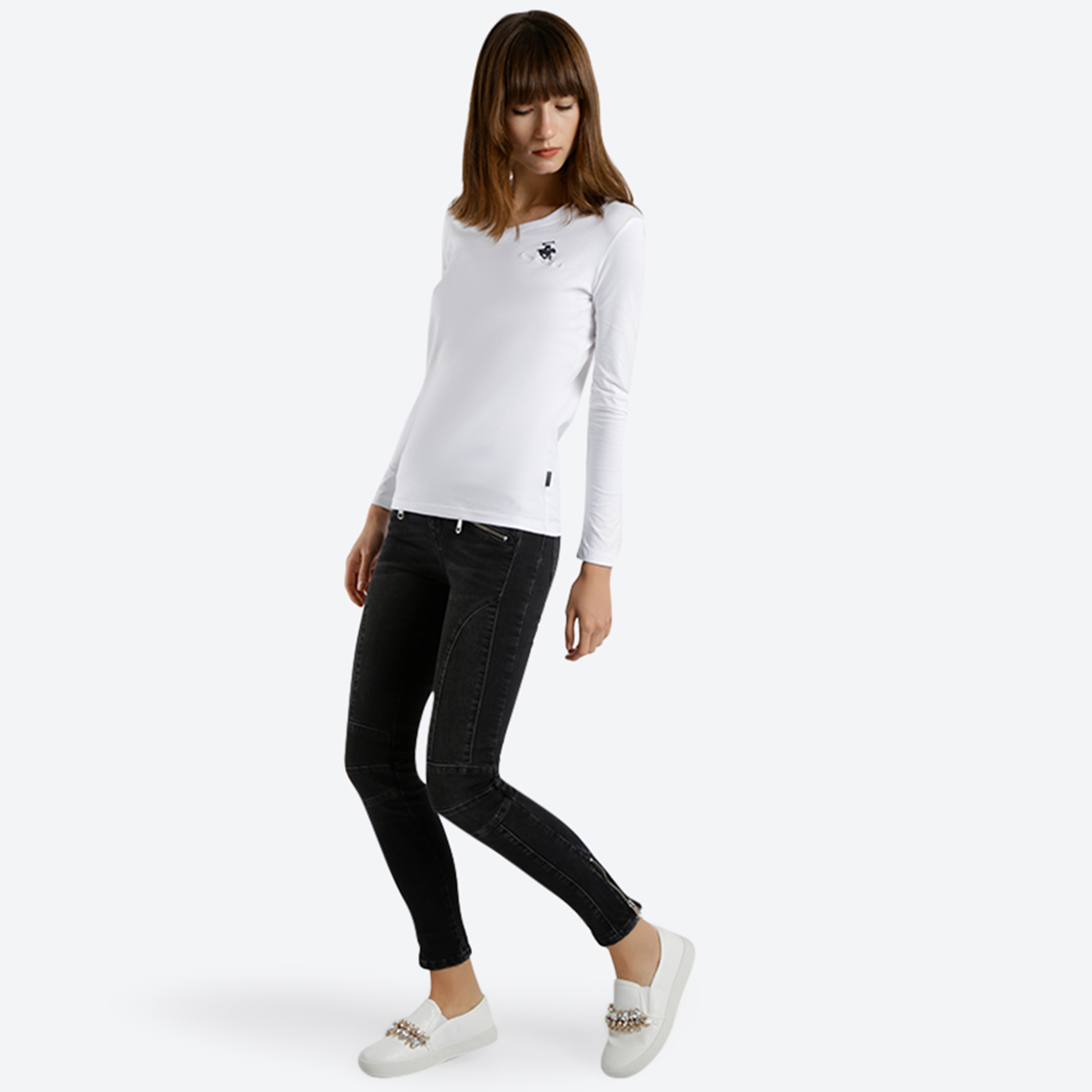 Beverly Hills Polo Club Logo V-Neck Long Sleeves T-Shirt-women-clothing-tshirts-image-2