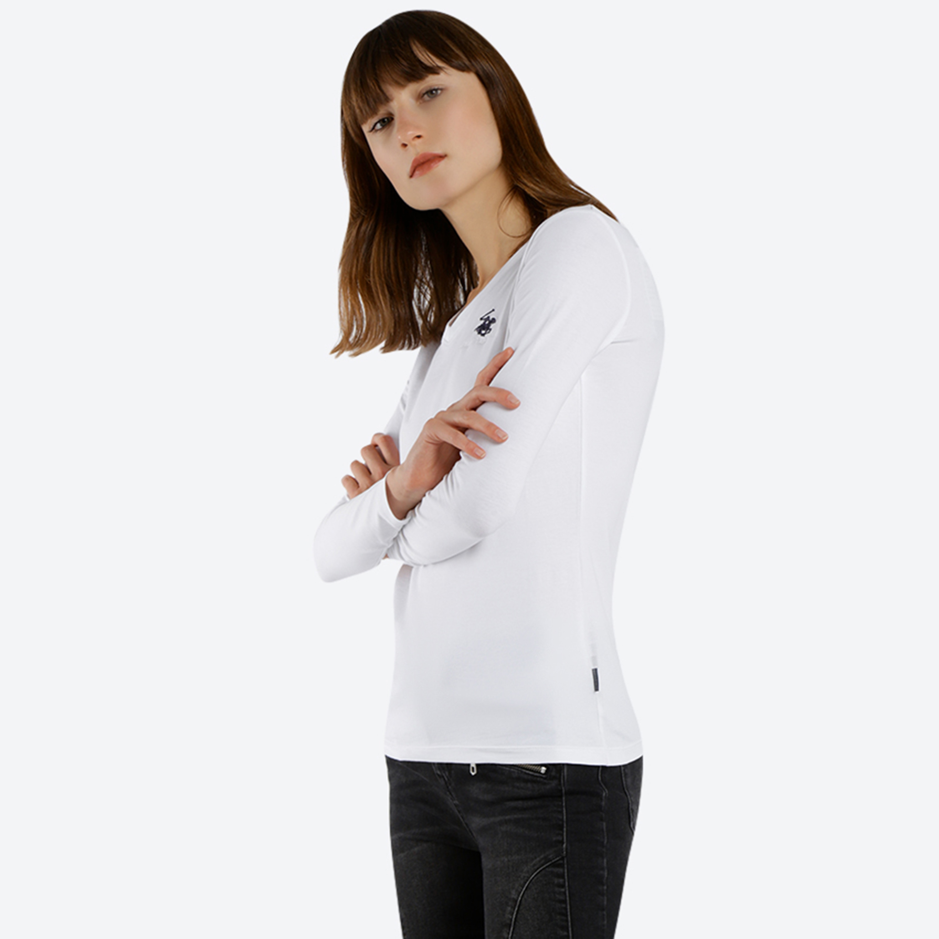 Beverly Hills Polo Club Logo V-Neck Long Sleeves T-Shirt-women-clothing-tshirts-image-3