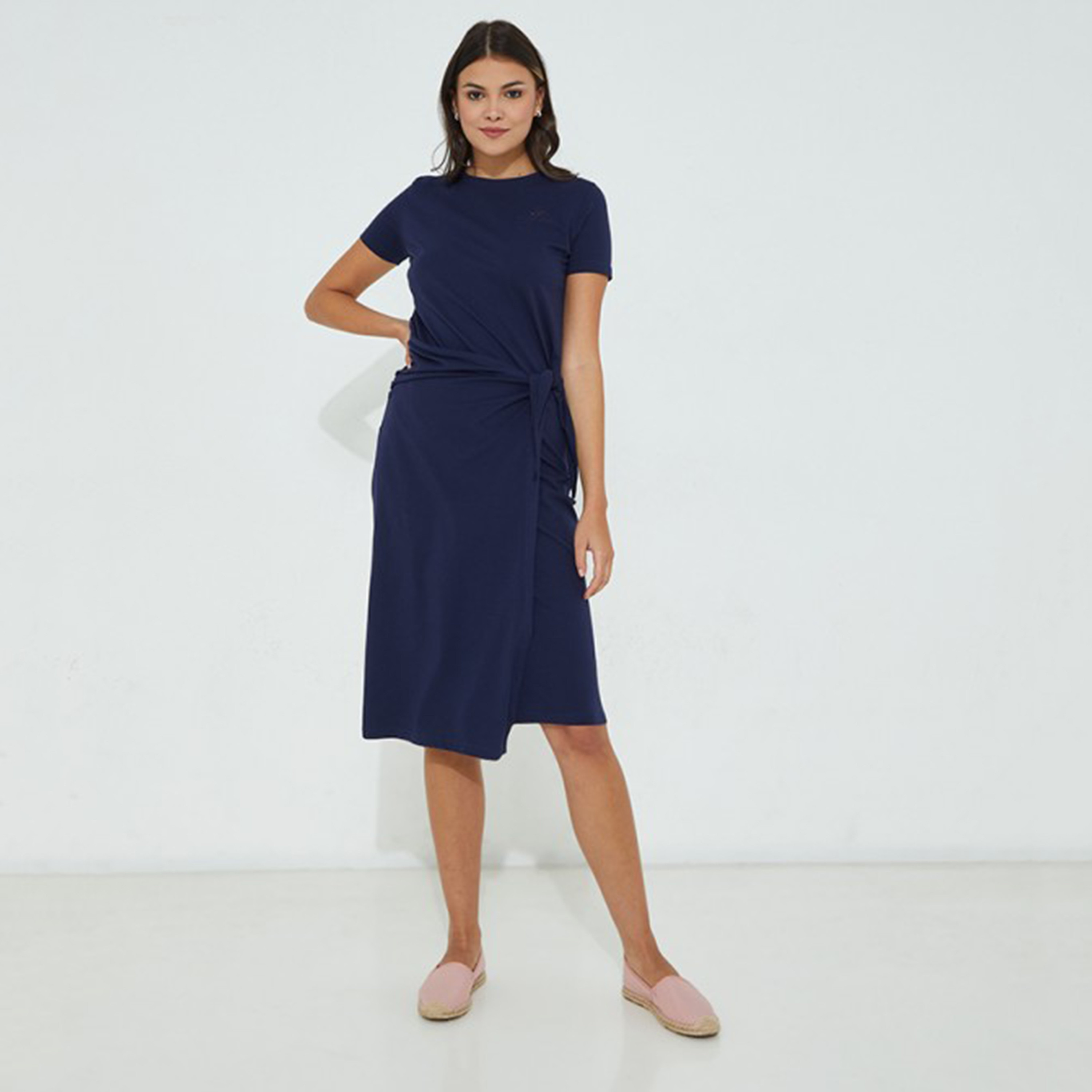 Beverly Hills Polo Club Women Navy Blue Plain Tie Belt Crew Neck Dress-women-clothing-dresses-image-1