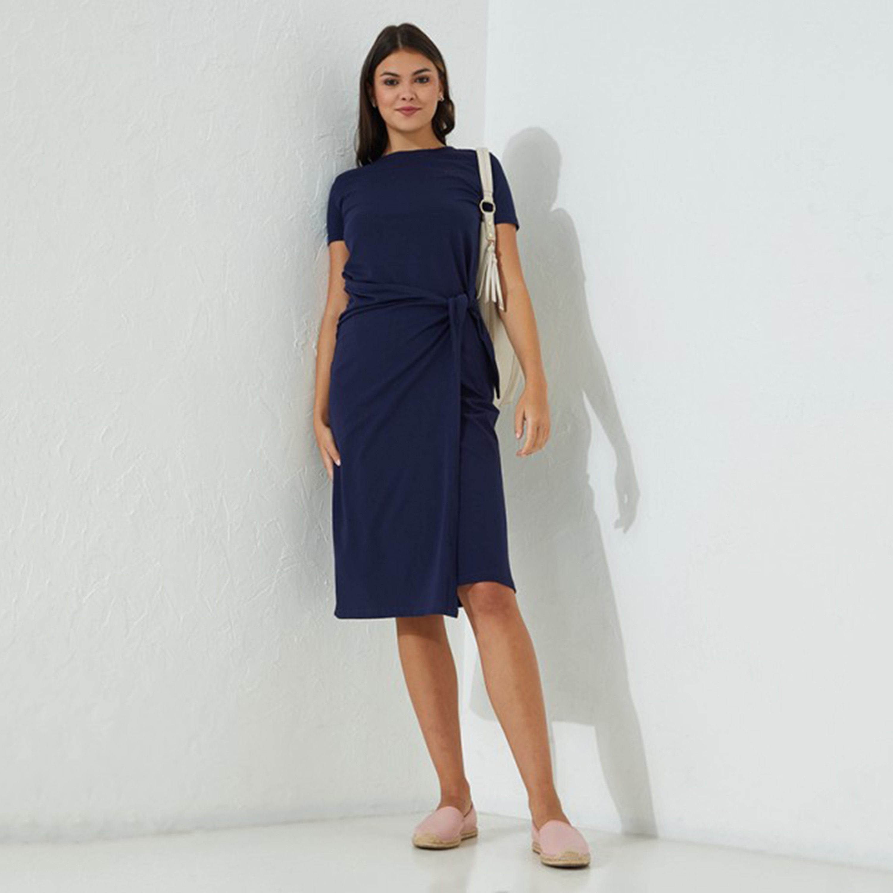 Beverly Hills Polo Club Women Navy Blue Plain Tie Belt Crew Neck Dress-women-clothing-dresses-image-4