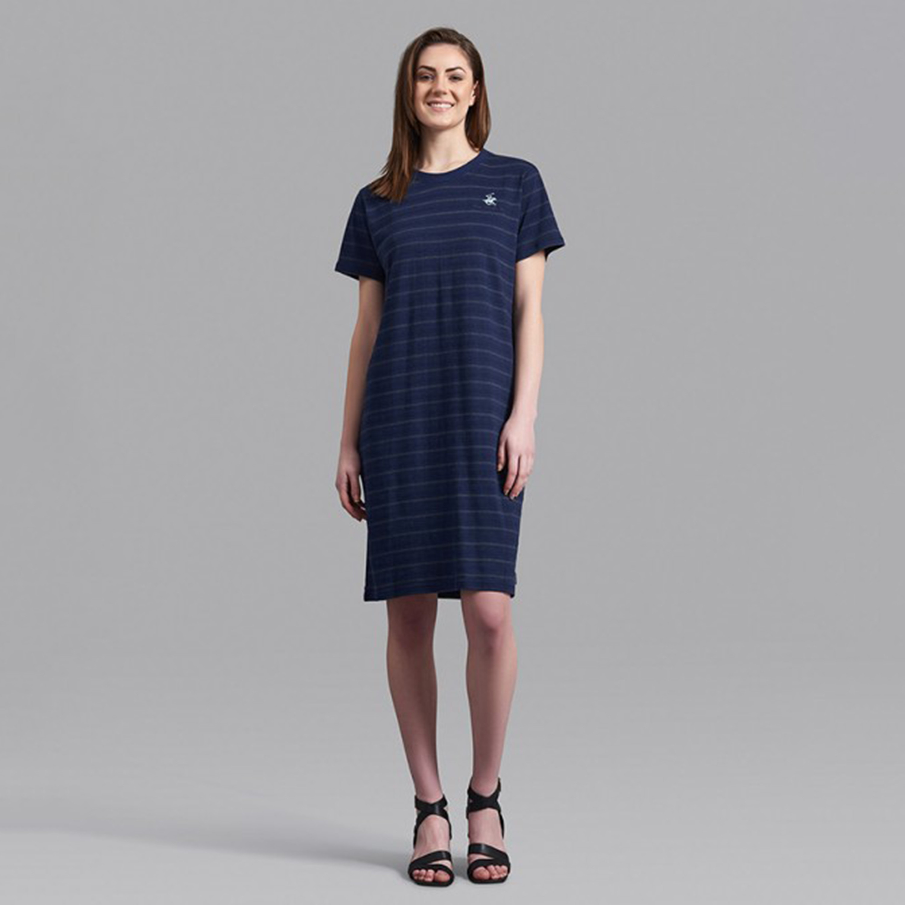 فستان تي شيرت من بيفرلي هيلز بولو كلوب مخطط مع لون أزرق كحلي بياقة مستديرة للنساء-women-clothing-dresses-image-1