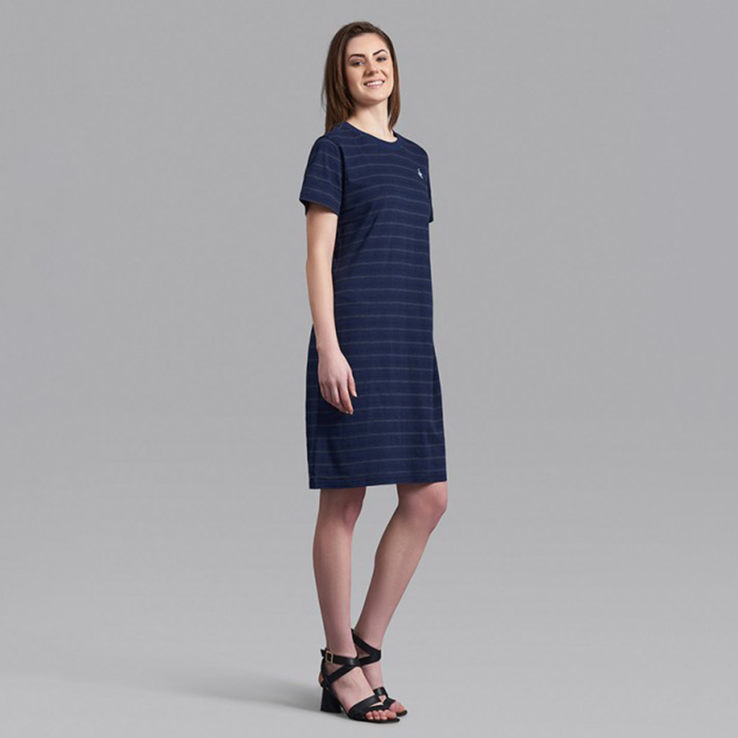 فستان تي شيرت من بيفرلي هيلز بولو كلوب مخطط مع لون أزرق كحلي بياقة مستديرة للنساء-women-clothing-dresses-image-3