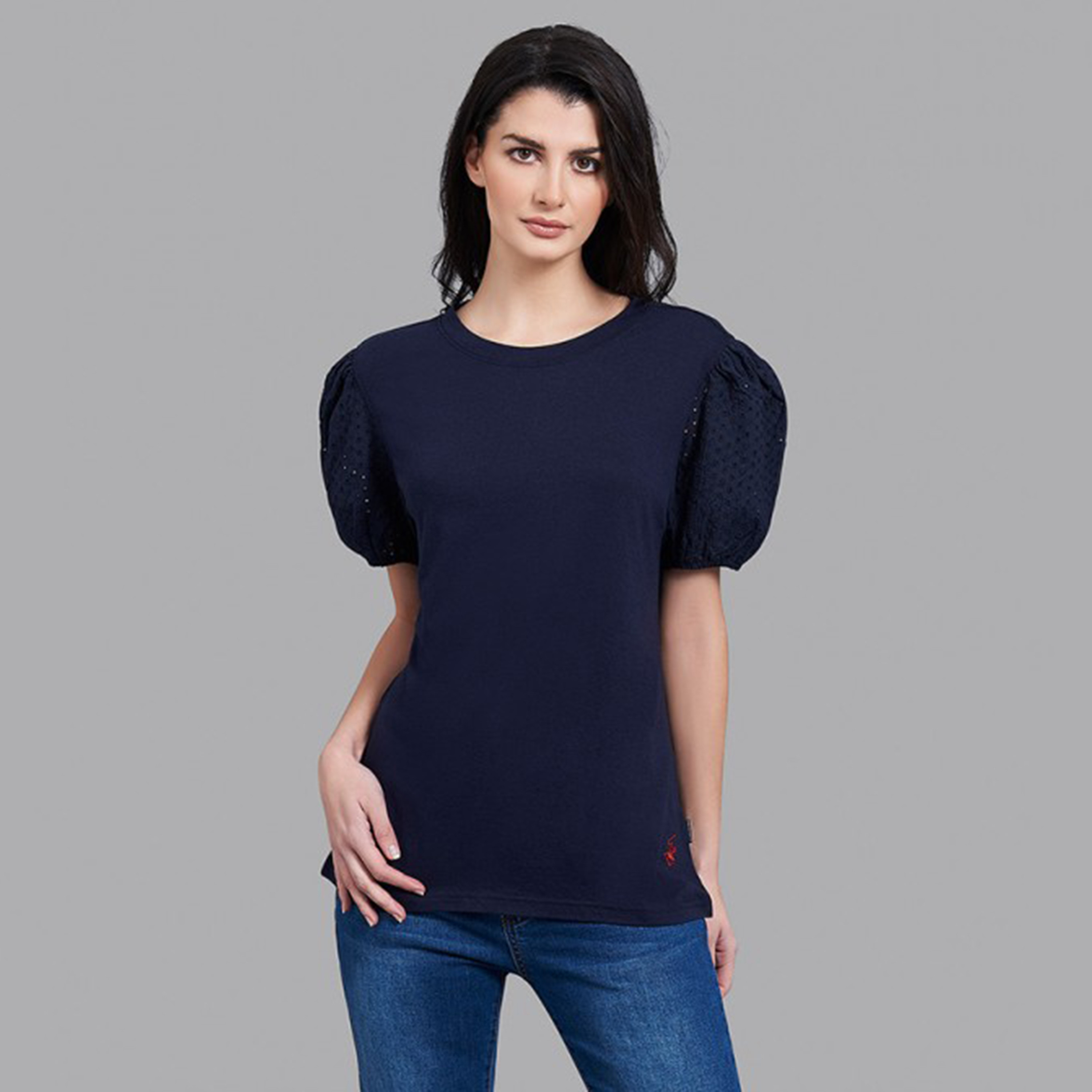 توب بيفرلي هيلز بولو كلوب نسائي بلون أزرق كحلي سادة بأكمام بالون-women-clothing-shirtsandblouses-blouses-image-1