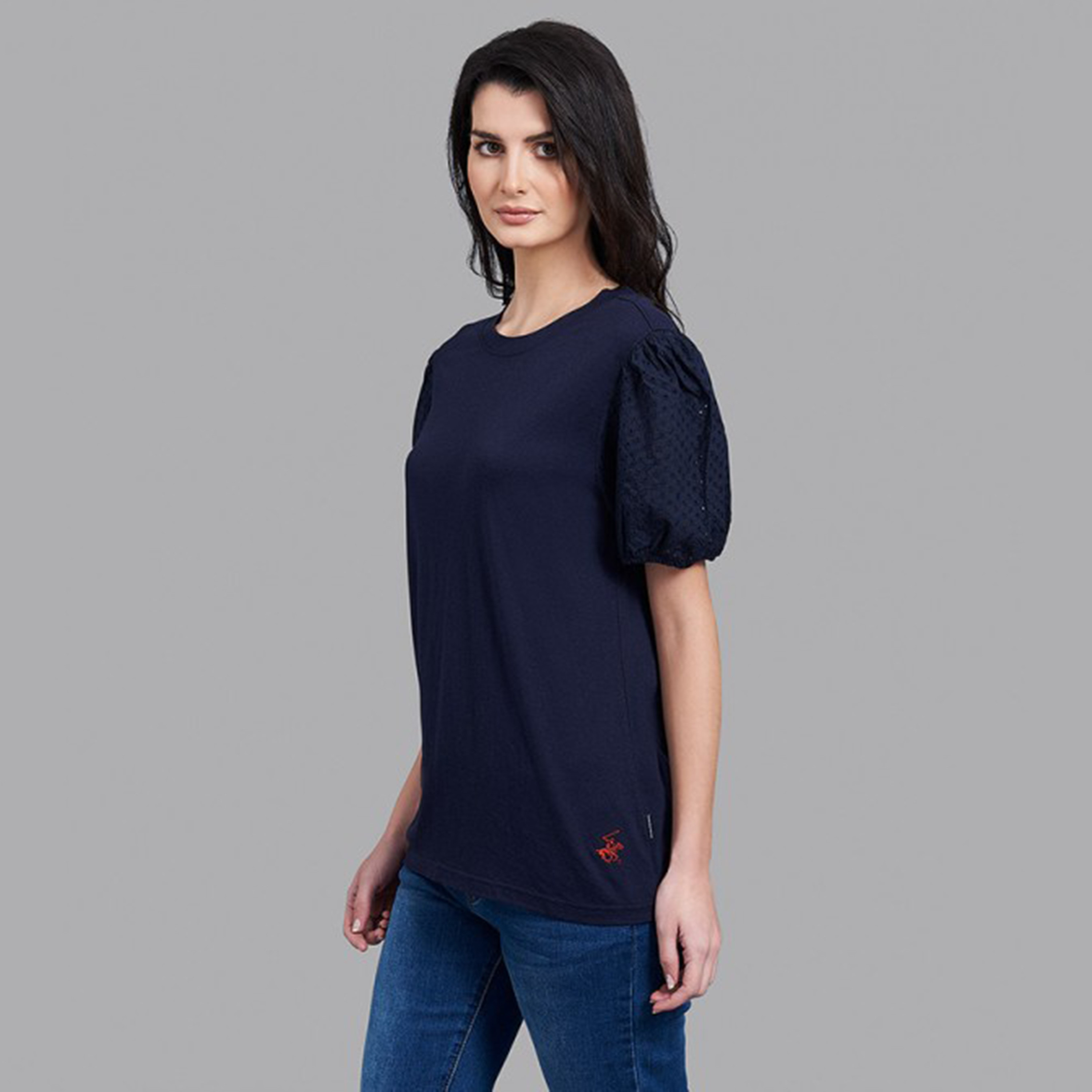توب بيفرلي هيلز بولو كلوب نسائي بلون أزرق كحلي سادة بأكمام بالون-women-clothing-shirtsandblouses-blouses-image-2