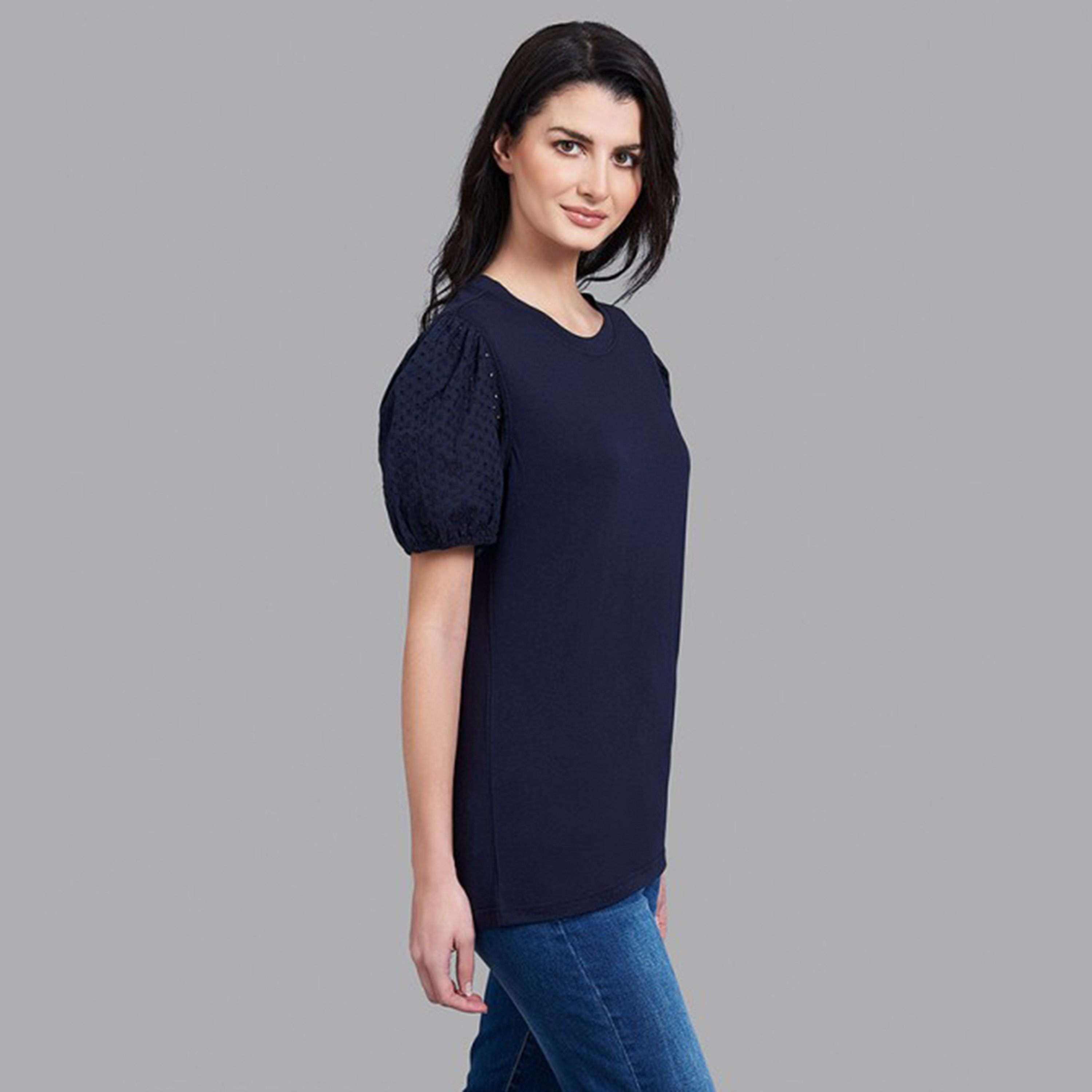 توب بيفرلي هيلز بولو كلوب نسائي بلون أزرق كحلي سادة بأكمام بالون-women-clothing-shirtsandblouses-blouses-image-3
