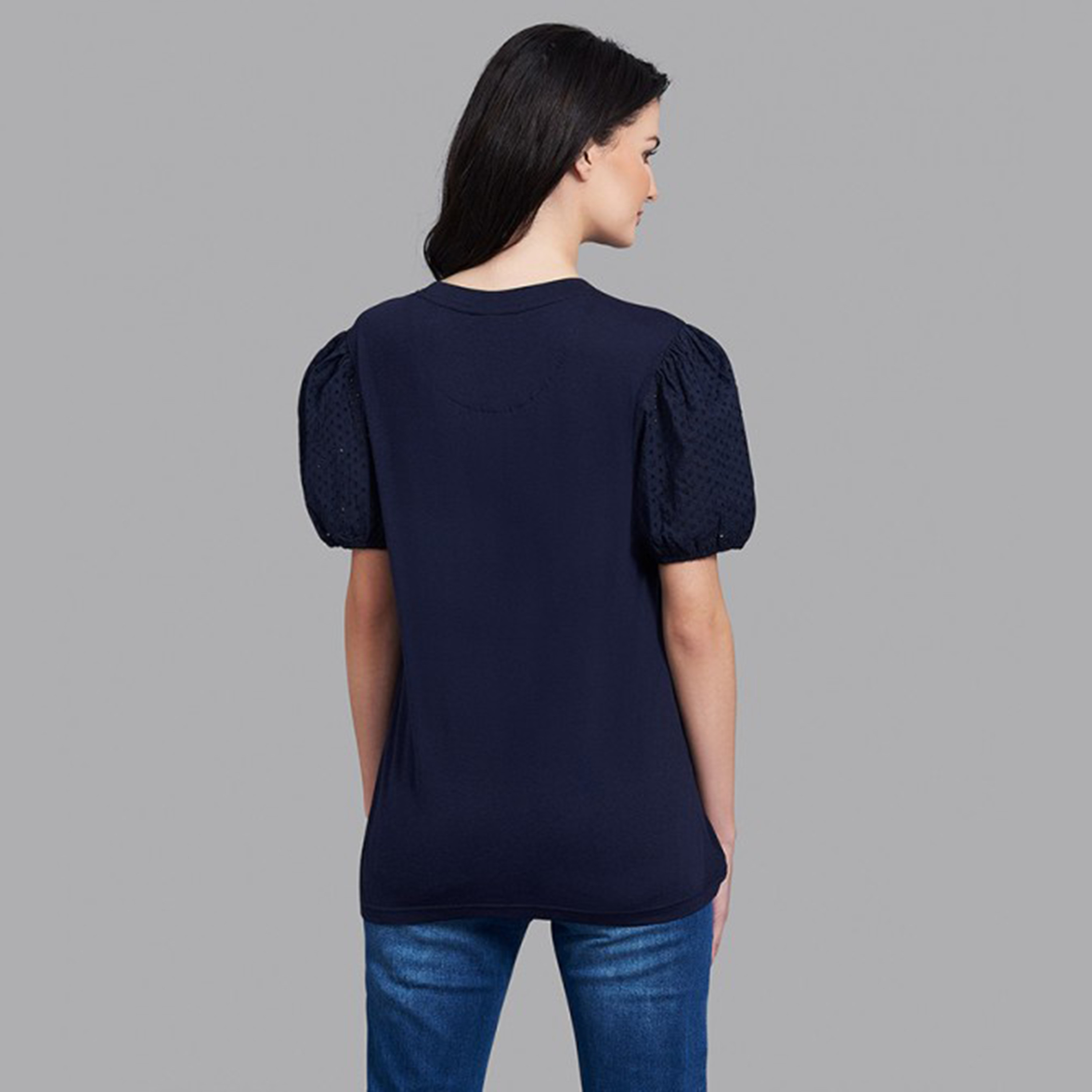 توب بيفرلي هيلز بولو كلوب نسائي بلون أزرق كحلي سادة بأكمام بالون-women-clothing-shirtsandblouses-blouses-image-4