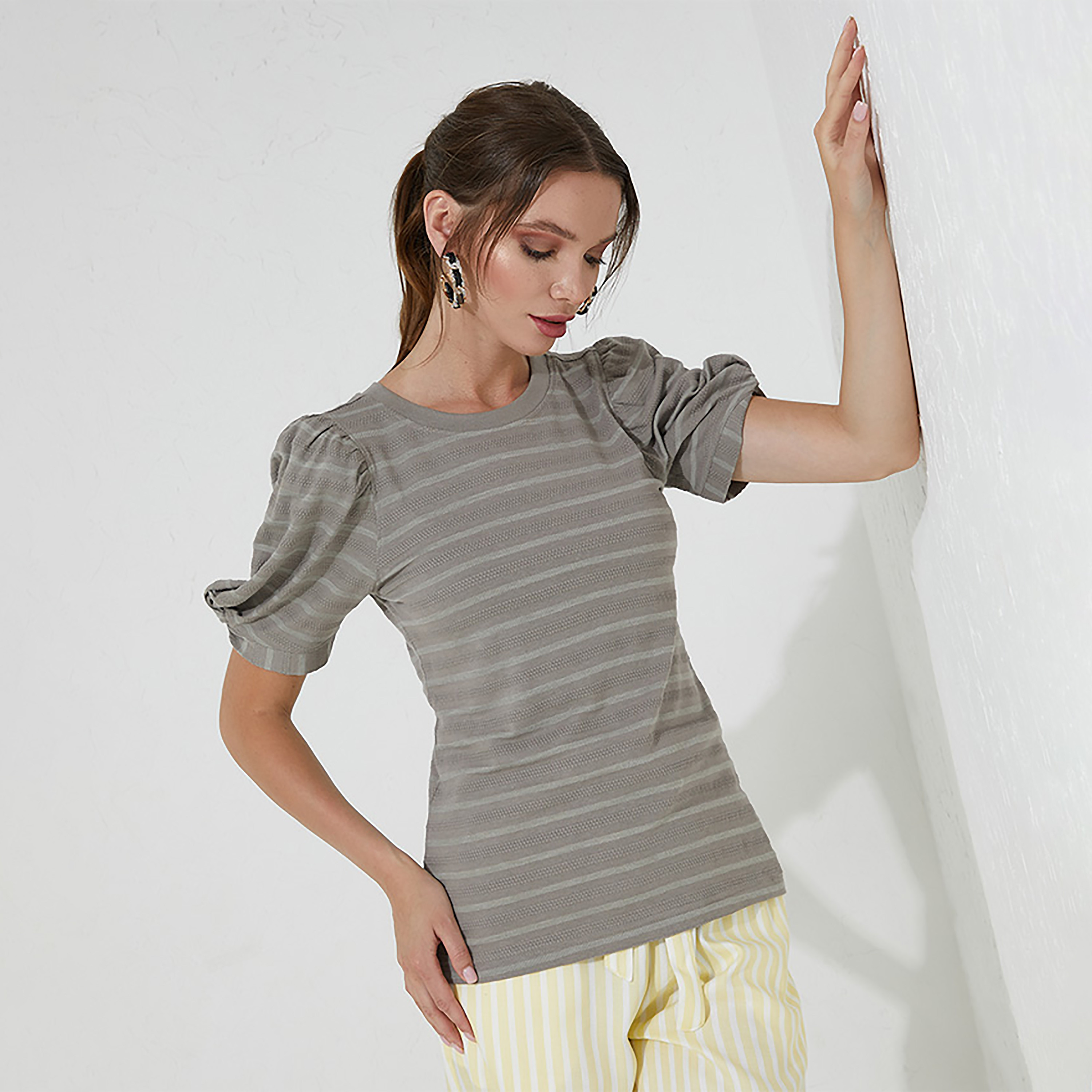 Beverly Hills Polo Club Stripes Round Neck Puff Sleeves Top-women-clothing-shirtsandblouses-blouses-image-1