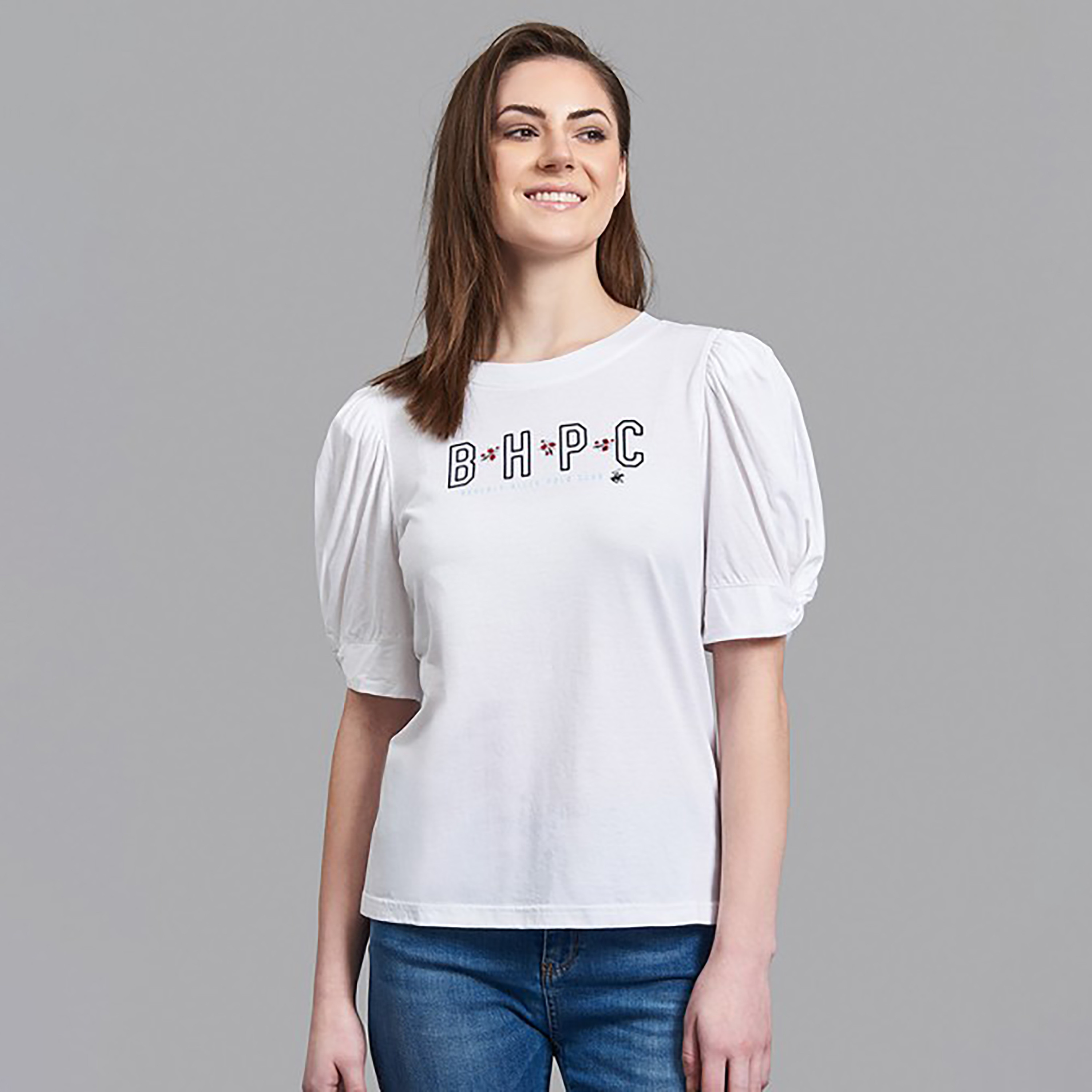 توب بيفرلي هيلز بولو كلوب نسائي بلون أصفر فاتح مع مطرز بأكمام بالون-women-clothing-shirtsandblouses-blouses-image-1