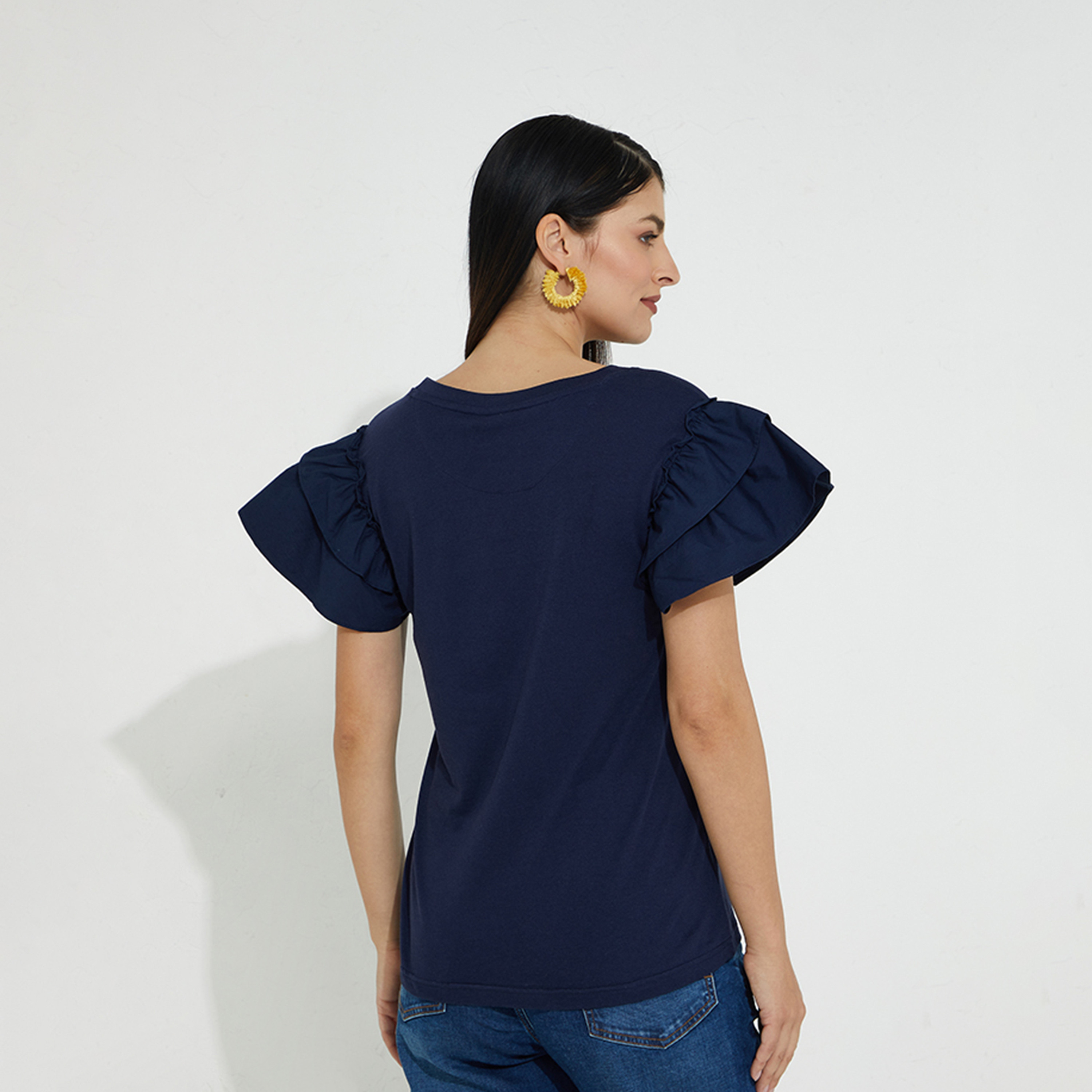Beverly Hills Polo Club Solid Round Neck T-shirt with Flared Sleeves-women-clothing-tshirts-image-2
