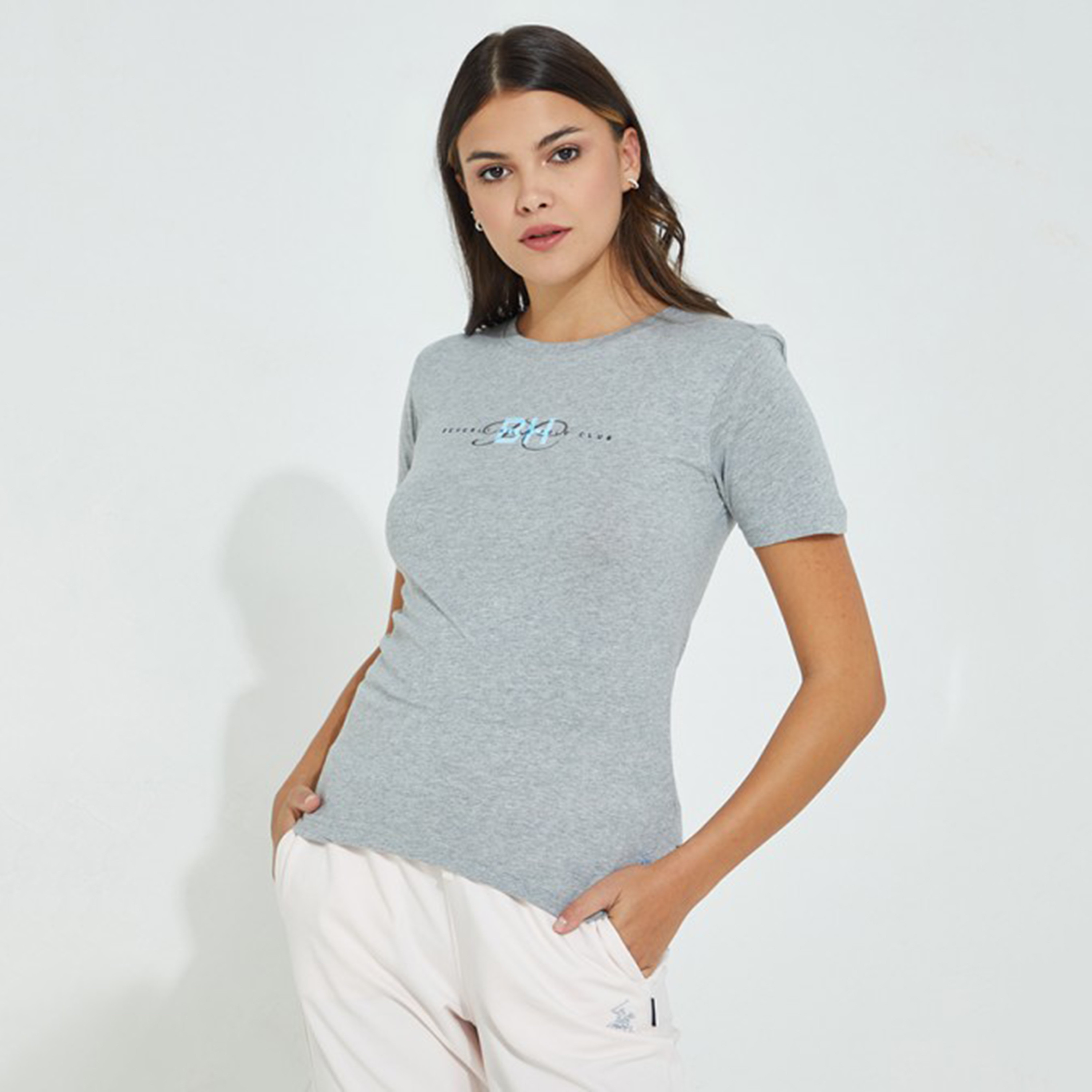تي شيرت بيفرلي هيلزبولو كلب نسائي أزرق كحلي مع مطبوع برقبة دائرية وأكمام قصيرة-women-clothing-tshirts-image-1