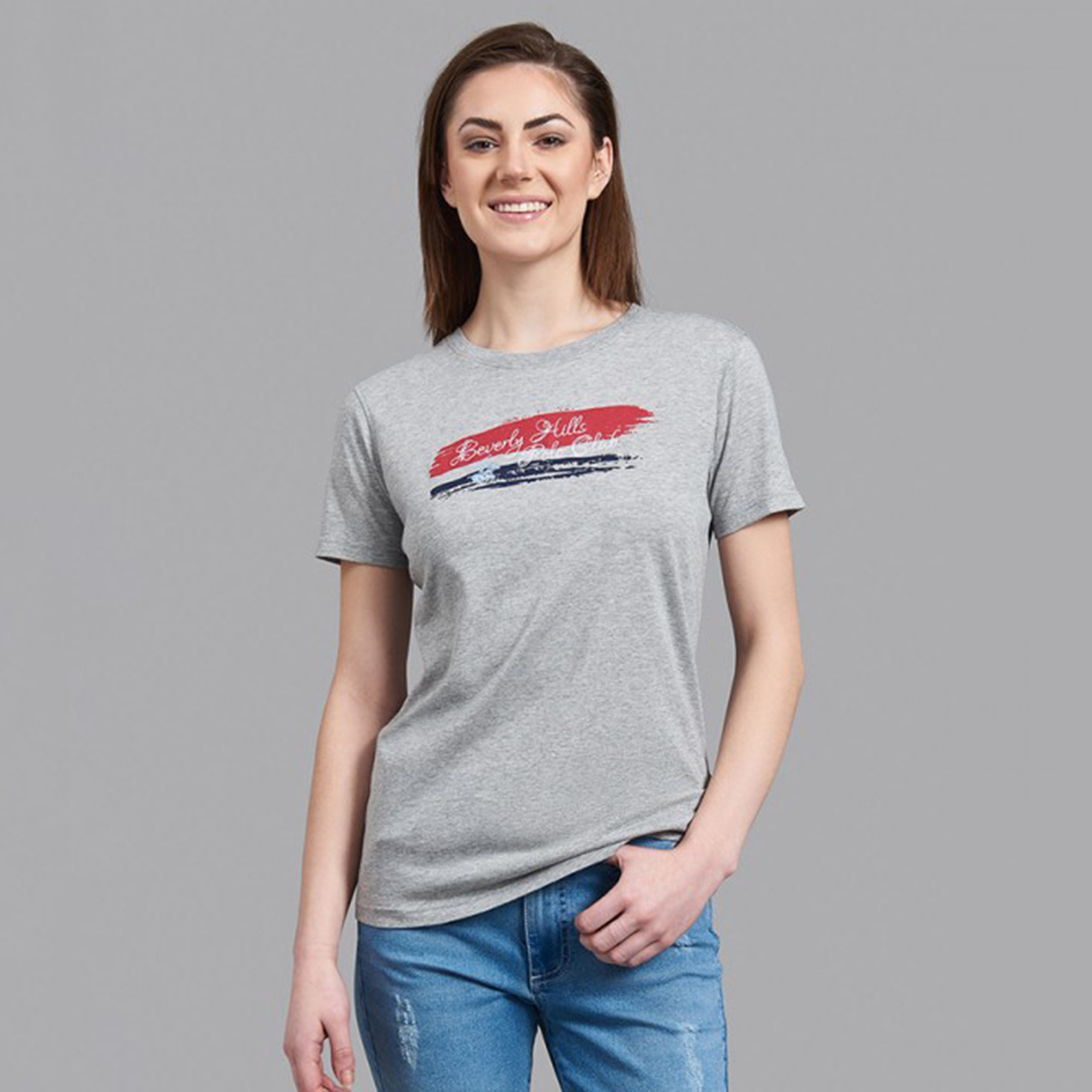 تي شيرت نسائي من بيفرلي هيلز بولو كلب بياقة مستديرة وأكمام قصيرة مع مطبوع رمادي-women-clothing-tshirts-image-1
