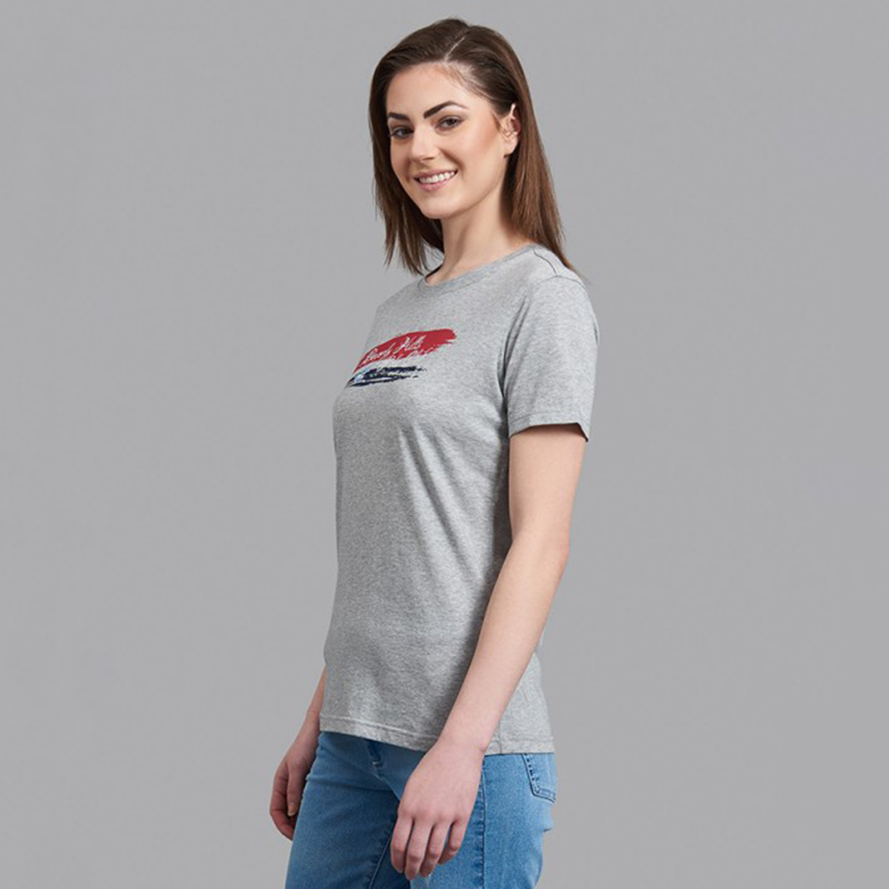 تي شيرت نسائي من بيفرلي هيلز بولو كلب بياقة مستديرة وأكمام قصيرة مع مطبوع رمادي-women-clothing-tshirts-image-3