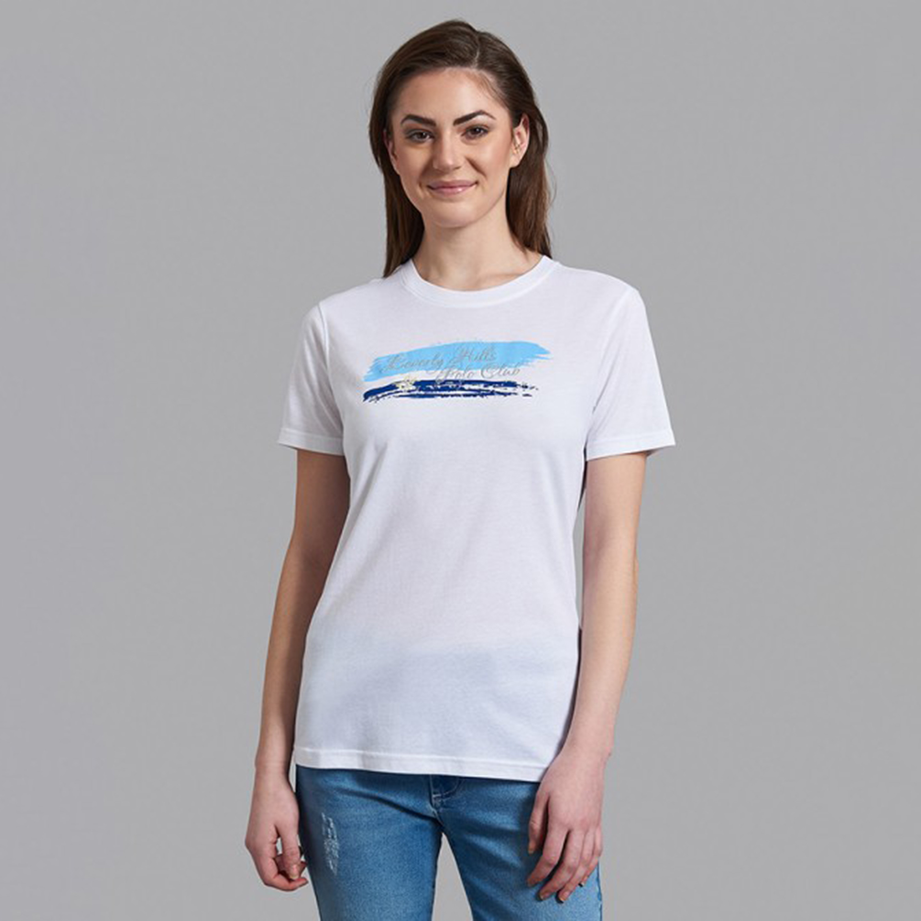 تي شيرت نسائي من بيفرلي هيلز بولو كلب بياقة مستديرة وأكمام قصيرة مع مطبوع رمادي-women-clothing-tshirts-image-5