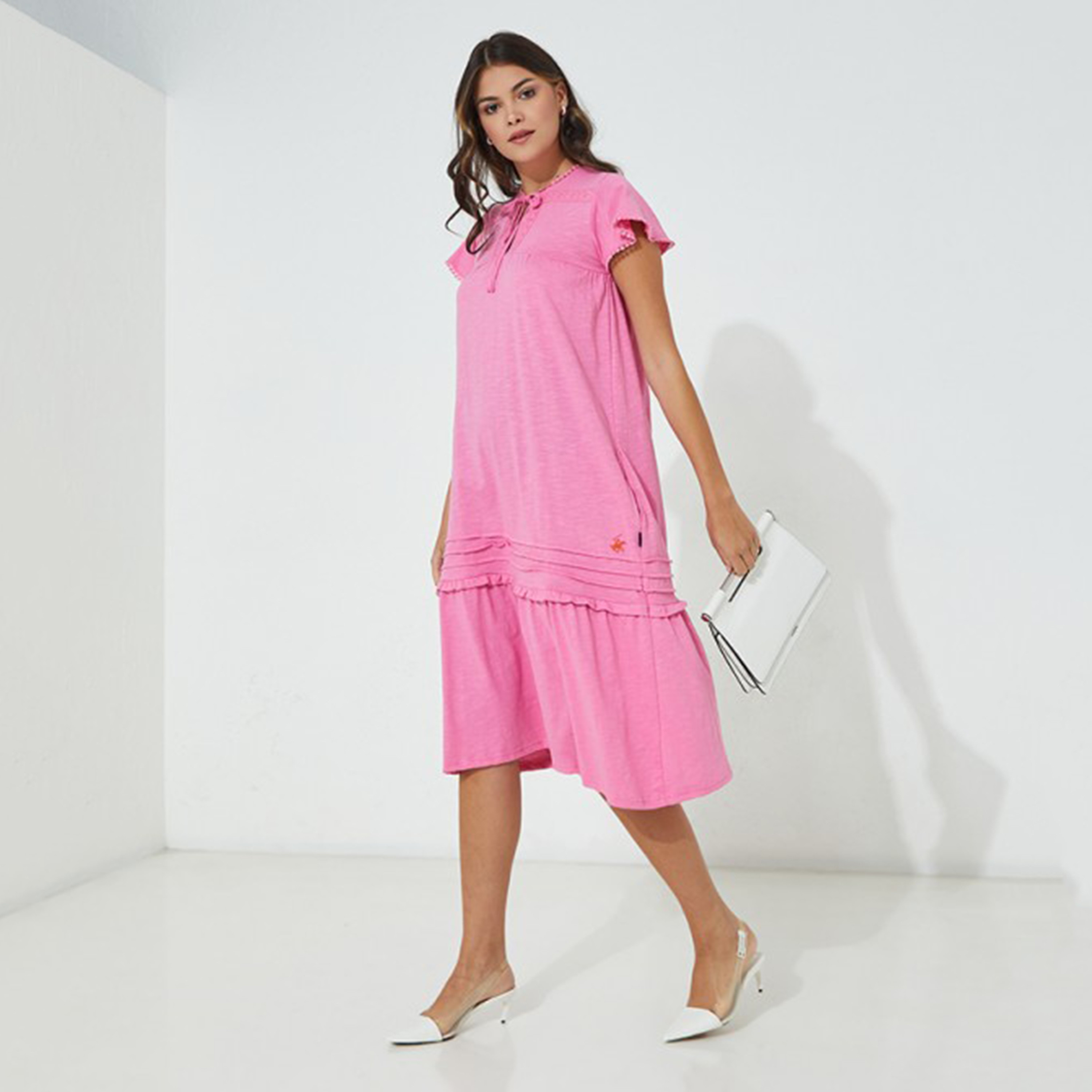 فستان نسائي دانتيل وردي بفتحة عنق من بيفرلي هيلز بولو كلوب-women-clothing-dresses-image-4