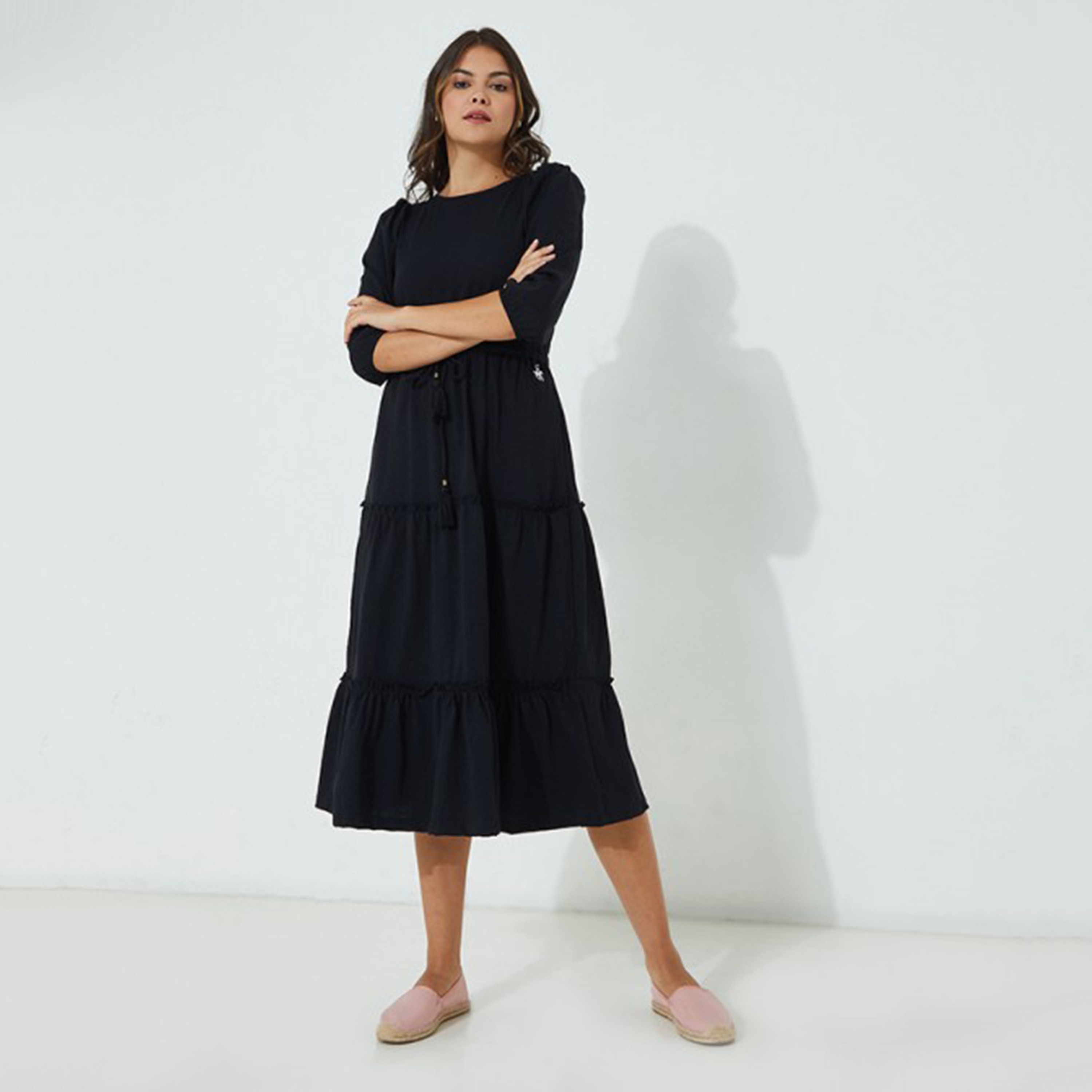 فستان بيفرلي هيلز بولو كلوب نسائي وردي سادة برقبة دائرية ورباط على الخصر-women-clothing-dresses-image-5