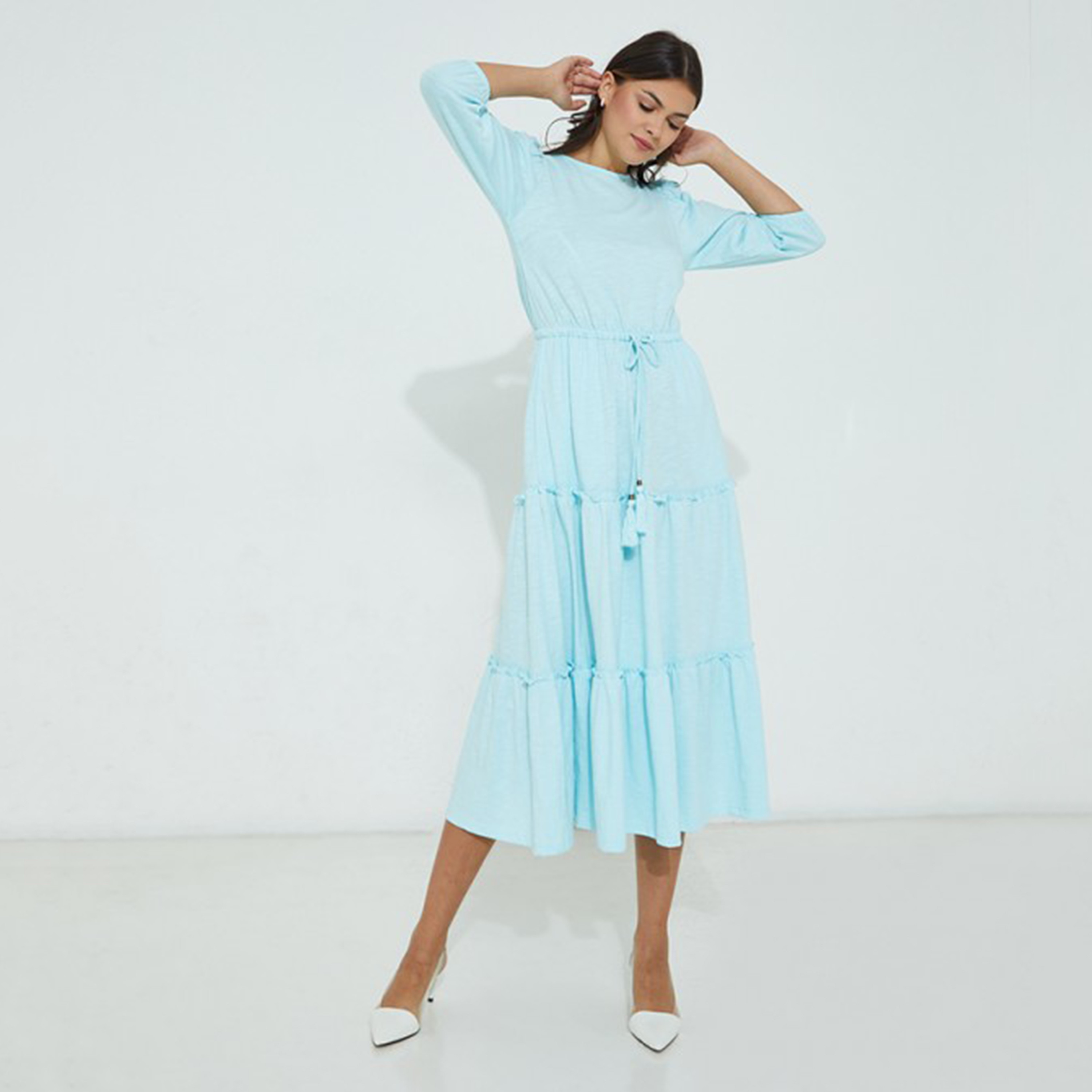 فستان بيفرلي هيلز بولو كلوب نسائي وردي سادة برقبة دائرية ورباط على الخصر-women-clothing-dresses-image-9