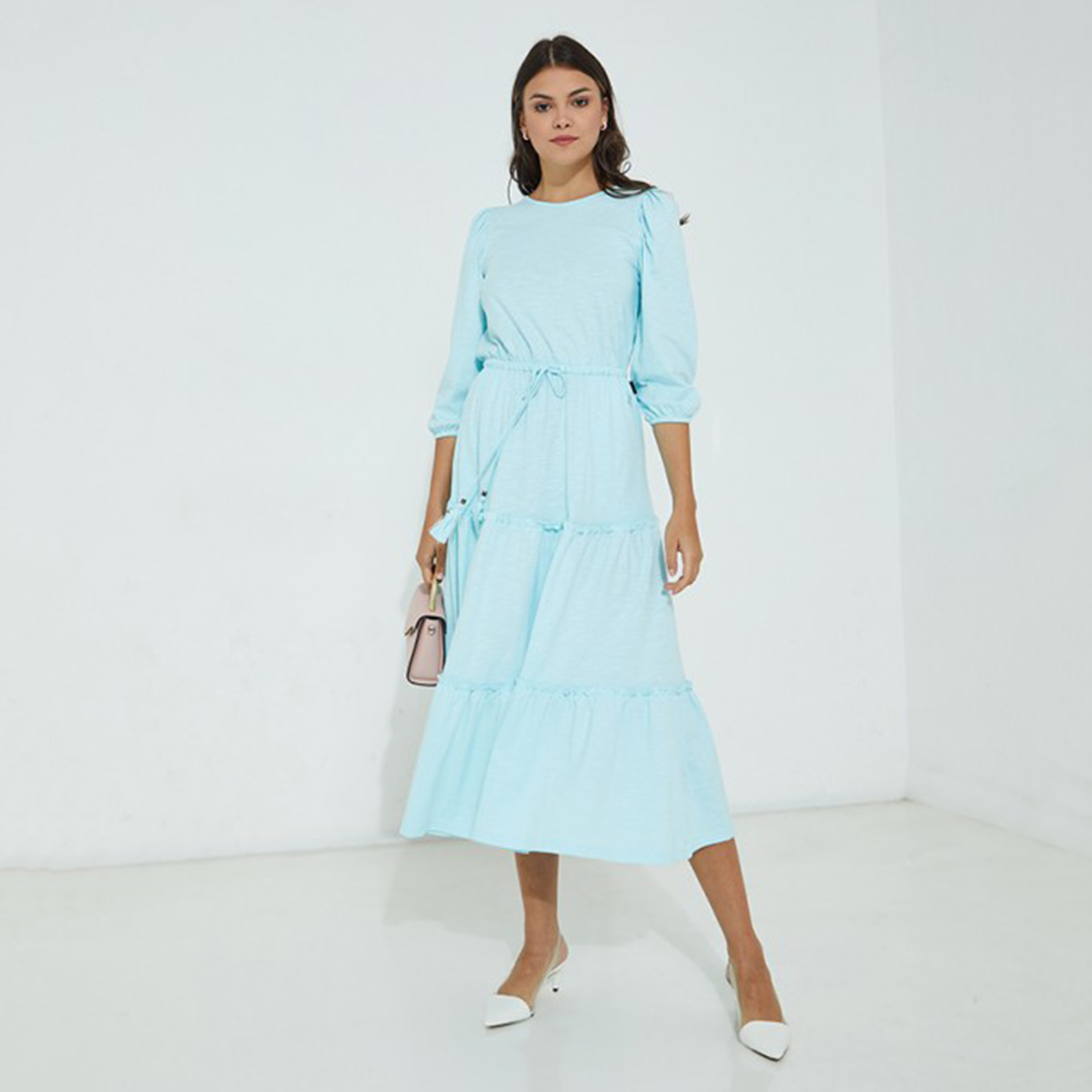 فستان بيفرلي هيلز بولو كلوب نسائي وردي سادة برقبة دائرية ورباط على الخصر-women-clothing-dresses-image-12