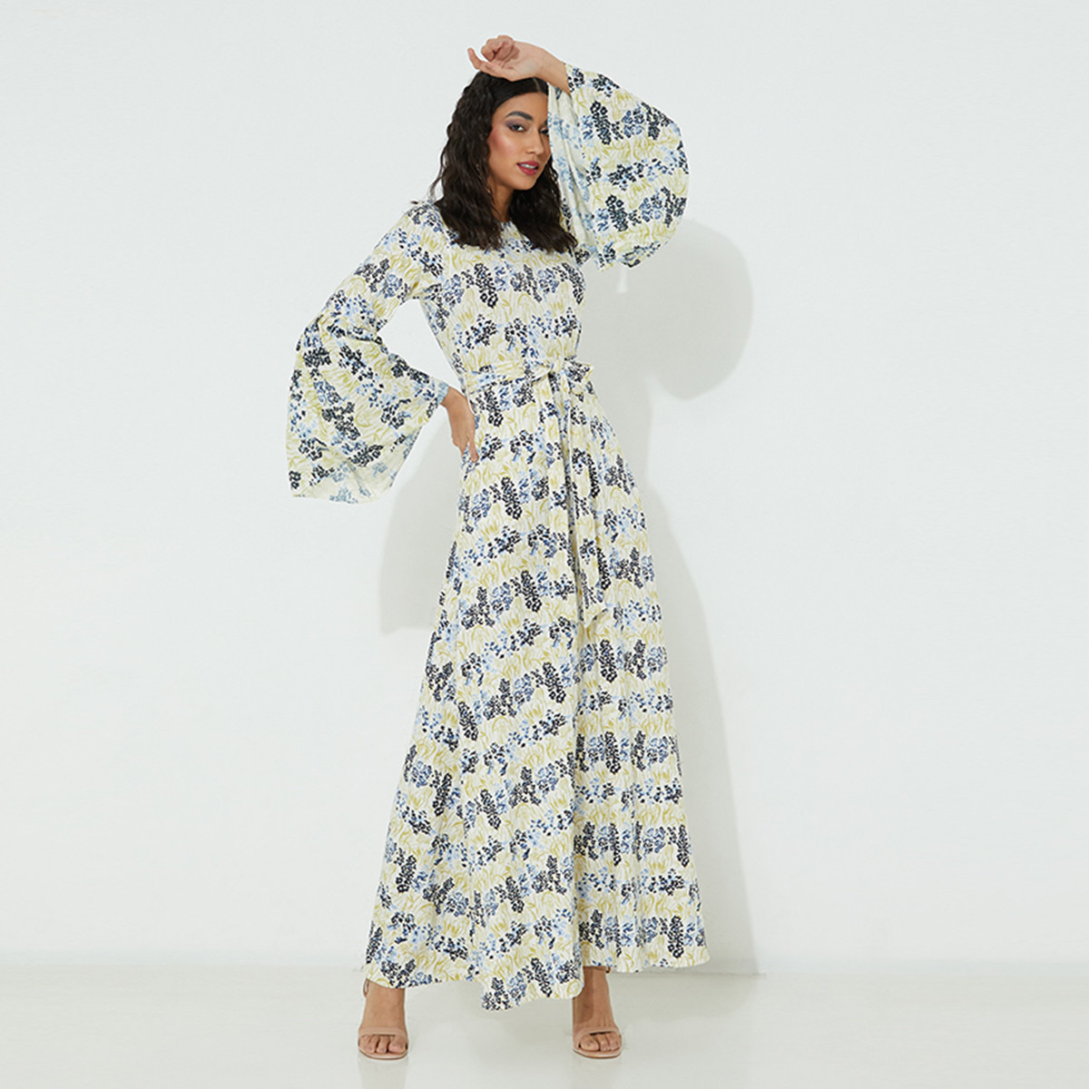 Beverly Hills Polo Club Women White Printed Flared Sleeves Tie Belt Maxi Dress-women-clothing-dresses-image-1