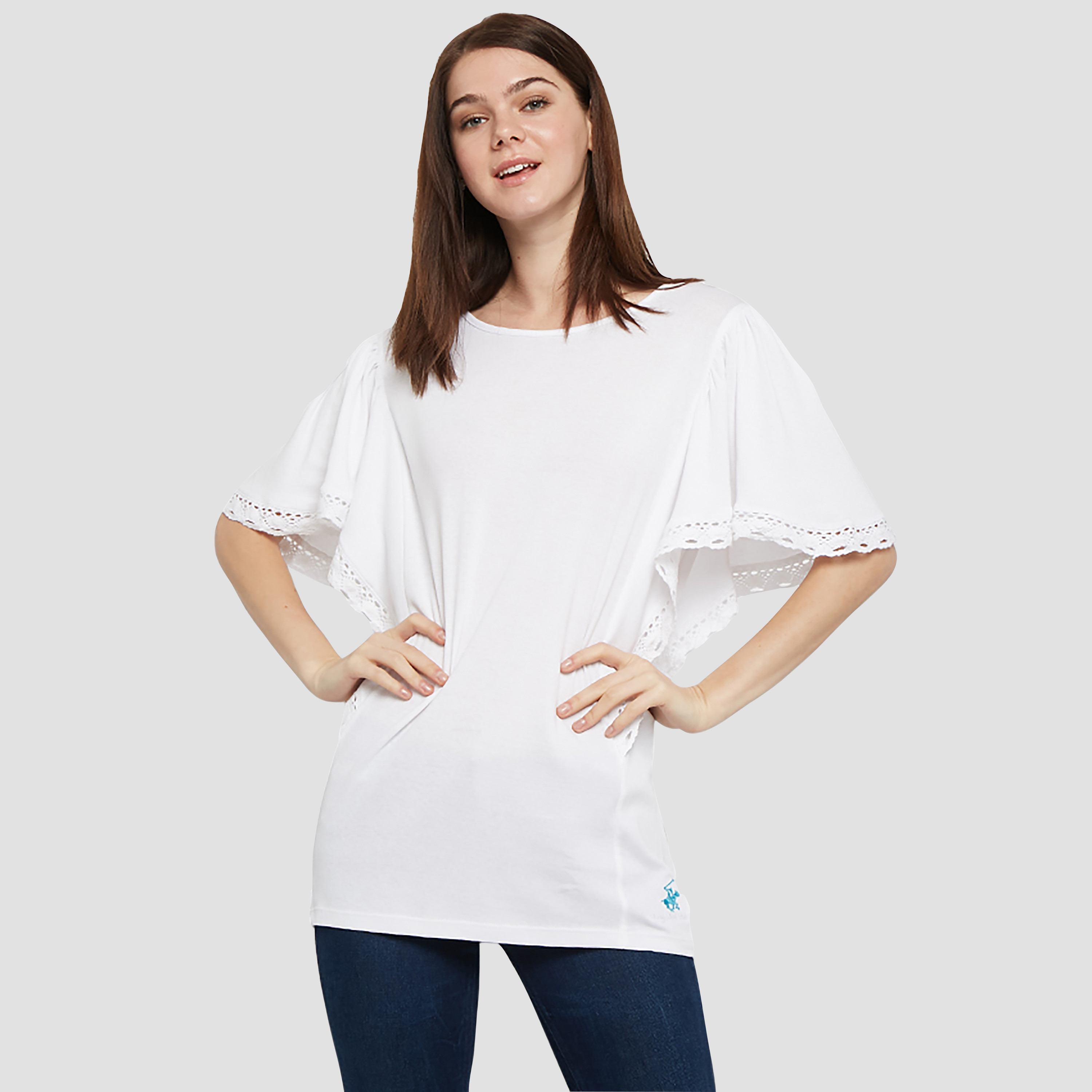 بلوزة نسائية بياقة دائرية وأكمام قصيرة مزينة بالدانتيل من بيفرلي هيلز بولو كلوب-women-clothing-shirtsandblouses-blouses-image-1