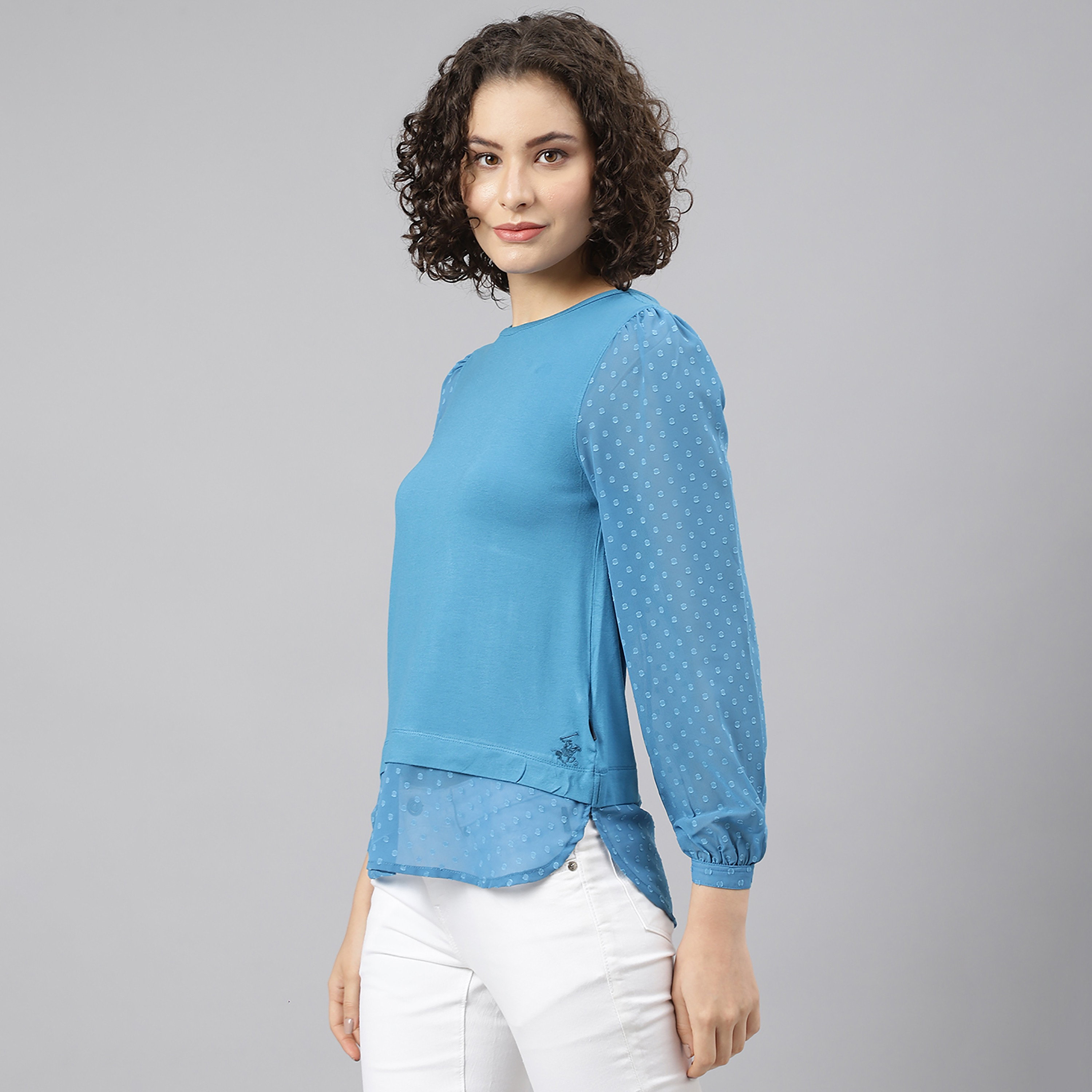 بلوزة بياقة دائرية مزينة بزخرفة زرقاء للنساء من بيفرلي هيلز بولو كلوب-women-clothing-shirtsandblouses-blouses-image-2