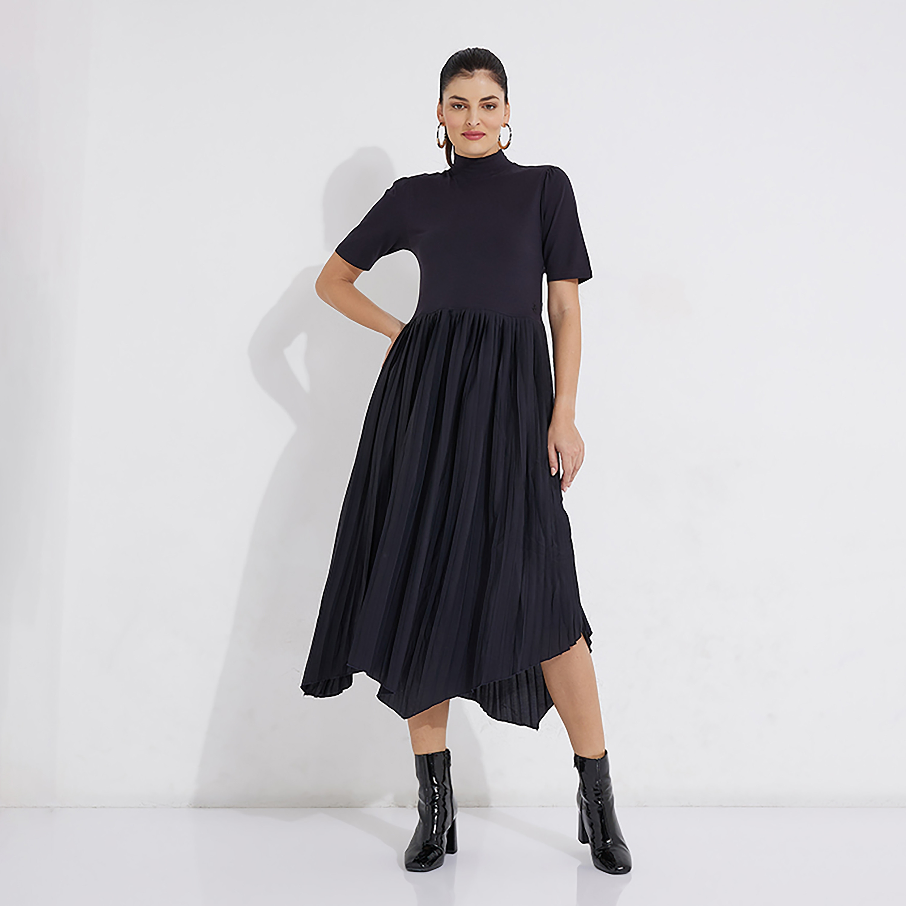 Beverly Hills Polo Club Black High Neck Pleated Midi Dress-women-clothing-dresses-image-1