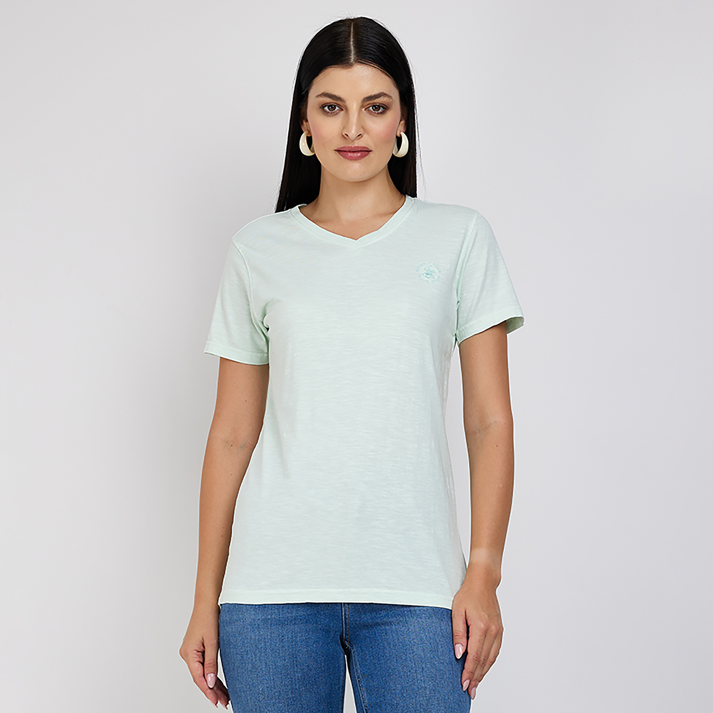 تي شيرت بيفرلي هيلز بولو كلوب بياقة على شكل وي وأكمام قصيرة مع شعار-women-clothing-tshirts-image-1